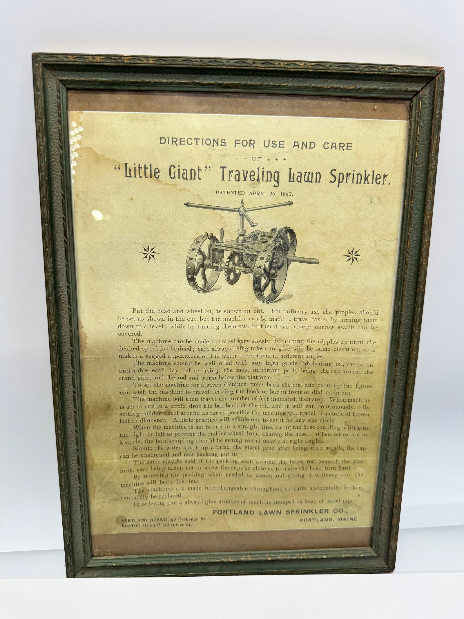 1892 Little Giant Traveling Lawn Sprinkler Instruction Sheet Framed: Original framed instruction sheet for the “Little Giant” Traveling Lawn Sprinkler, patented April 26, 1892. Features detailed operating instructions and an illustration of the self-propelled s