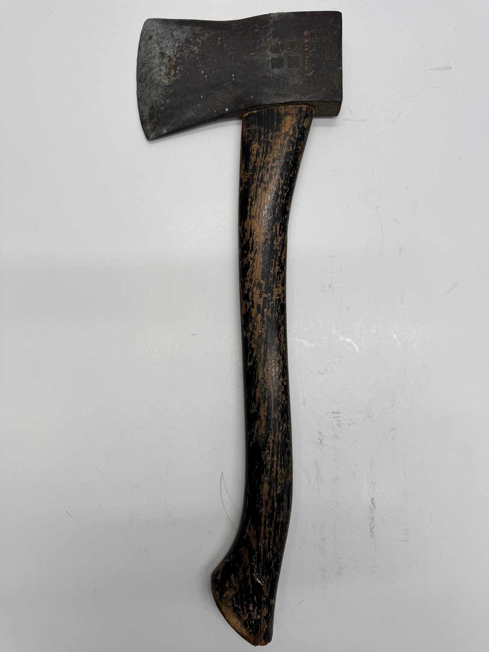Vintage Stanley Camp Hatchet Wood Handle Axe: Vintage Stanley single-bit hatchet featuring a forged steel head with the Stanley four-square logo and original curved wooden handle. Compact size suitable for camping, kindling, and collection displa