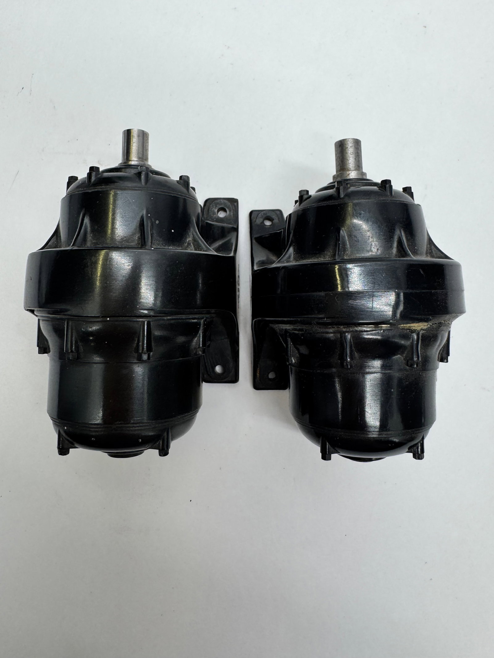 Pair U.S. Electrical Motors Salesman Sample Display Motors: Matching pair of vintage U.S. Electrical Motors Inc. salesman sample display motors with original black finish. Marked “Plants Brooklyn – Los Angeles.” Heavy cast metal construction with det