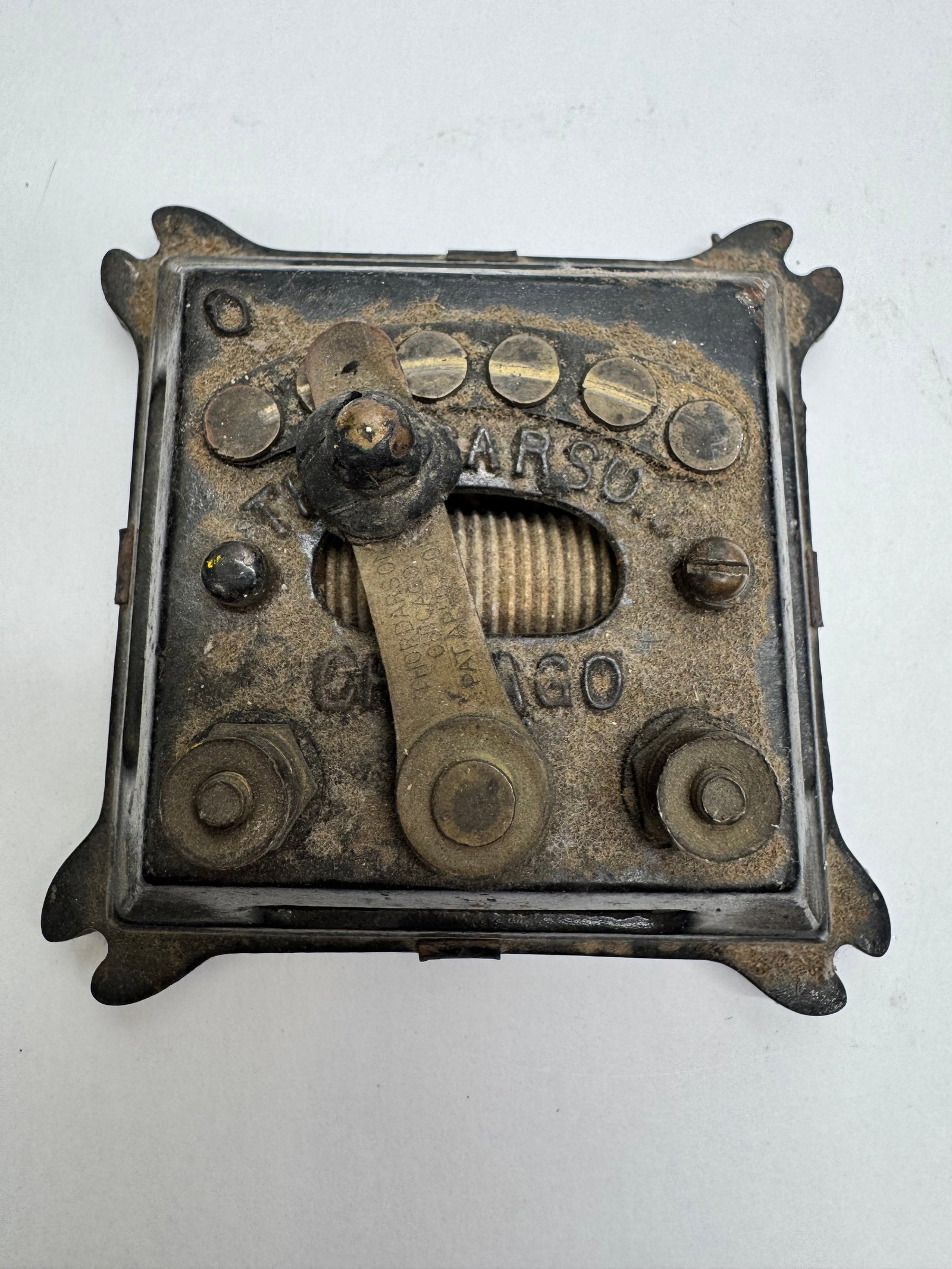Antique Thordarson Chicago Rheostat Knife Switch c.1910: Early 20th-century Thordarson Electric Manufacturing Co. rheostat or variable resistor with cast iron base, brass control lever, and exposed resistance coil. Lever is marked “Pat. Dec. 14, 1909.&rdq