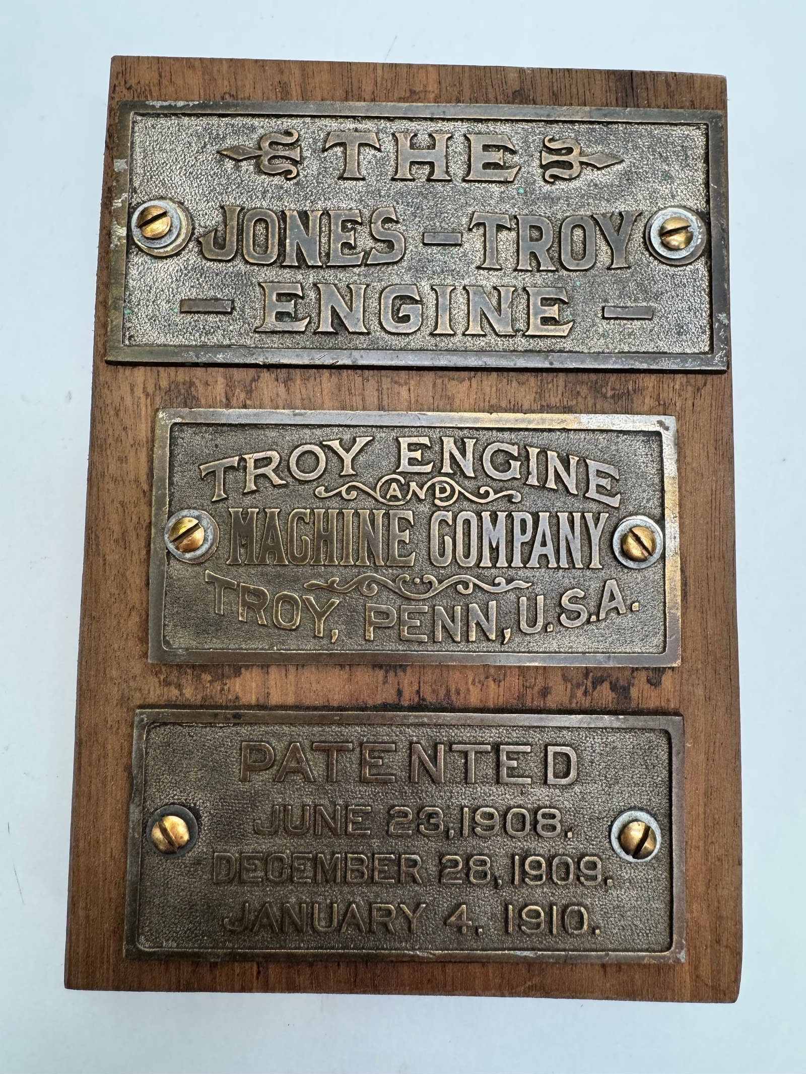 Jones-Troy Engine Brass Nameplate Display c.1908–1910 (1 of 6)