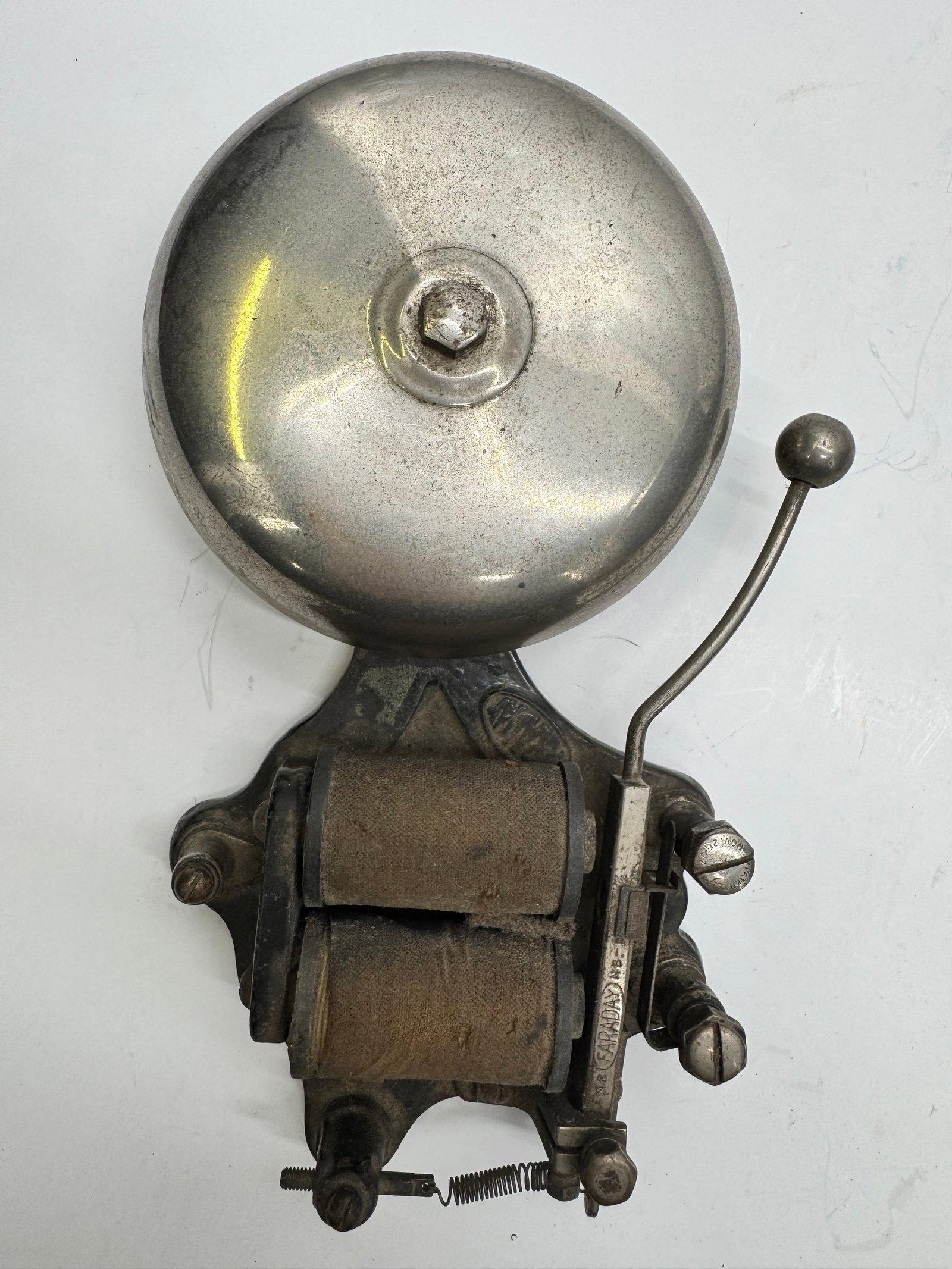 Antique Faraday 6” Cast Iron Fire Alarm Bell: Antique Faraday 6-inch cast iron and brass electric fire alarm bell, dating to the late 19th or early 20th century. Features a heavy cast iron gong, brass mechanism, and industrial construction. Origi