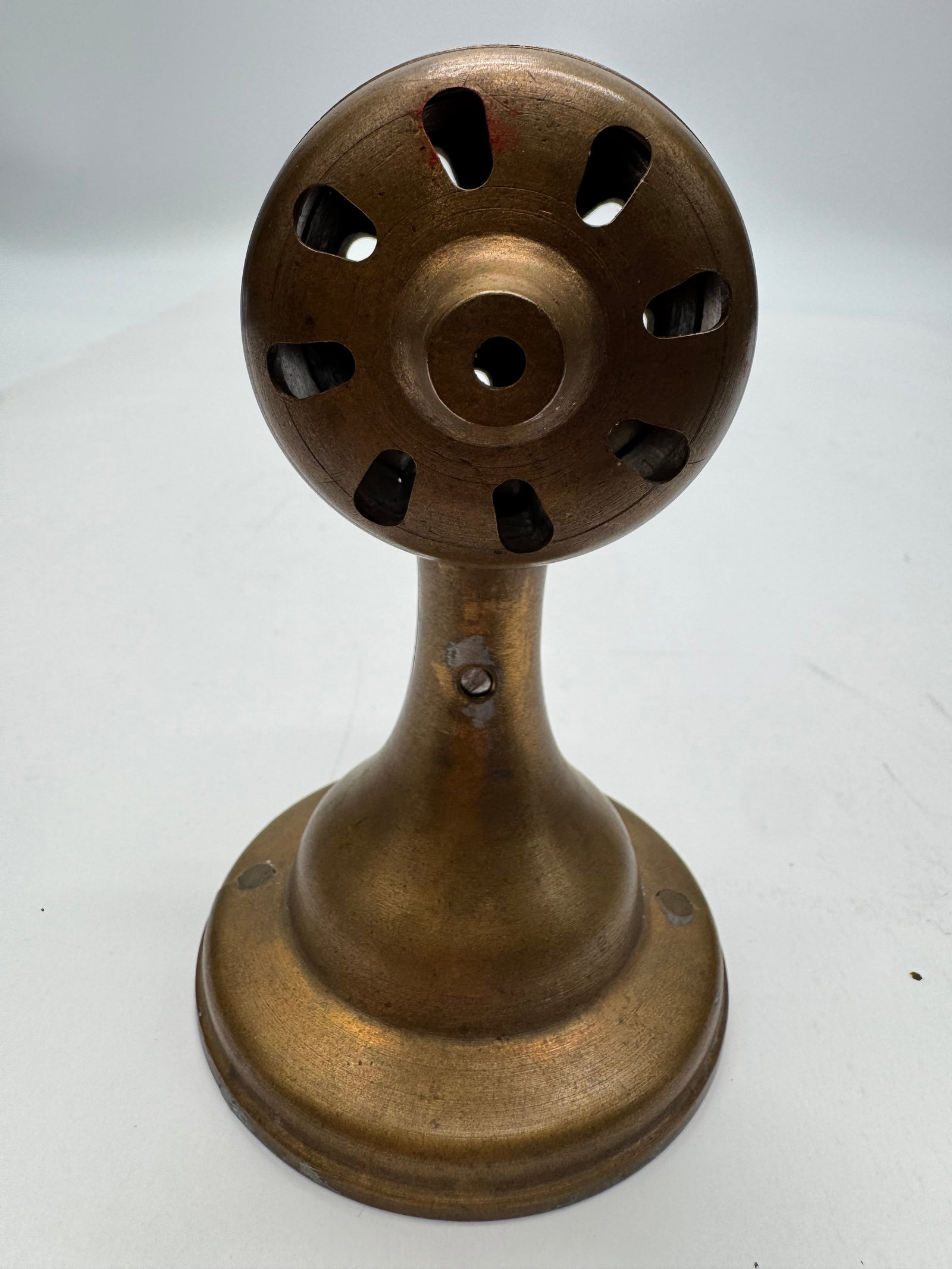 Antique Cast Iron Electric Fan Motor Housing & Base: Antique cast iron motor housing and pedestal base from an early electric tabletop fan, dating to the early 1900s. Features a bronze-colored finish, vented circular motor housing, and heavy cast iron c