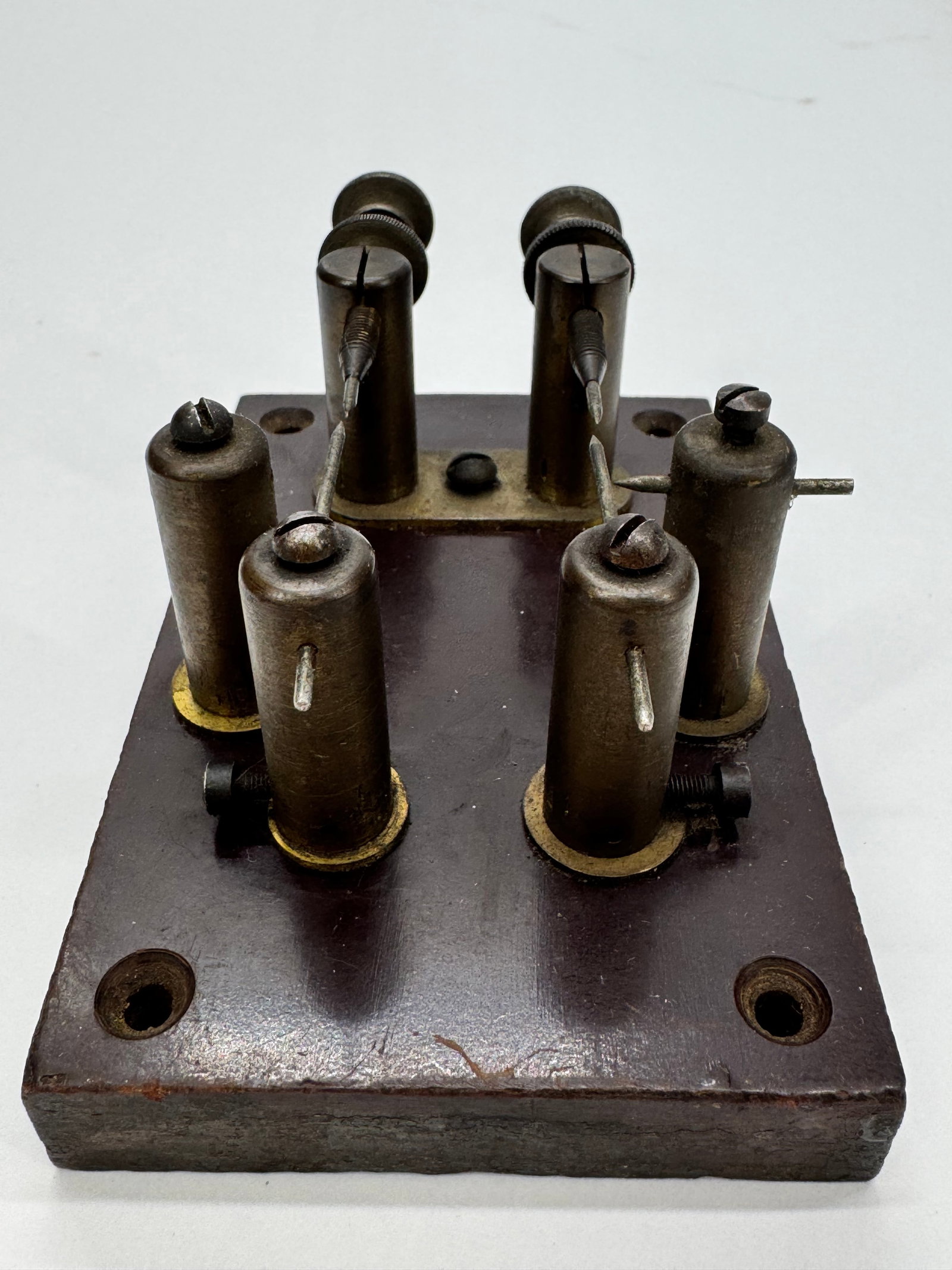 Antique Adjustable Spark Gap Telegraph Lab Apparatus: Antique adjustable spark gap electrical apparatus mounted on a polished wood base with four brass binding posts and precision pointed electrodes. Likely used with an induction coil or early wireless t