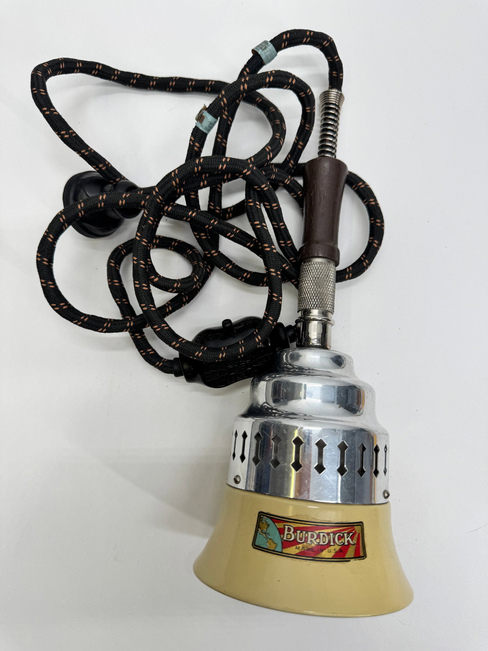 Vintage Burdick Electric Medical Massager Therapeutic Vibrator: Vintage Burdick electric therapeutic massager dating to the early to mid-20th century. Features a cream-colored porcelain or painted metal bell-shaped base, chrome motor housing with ventilation slots