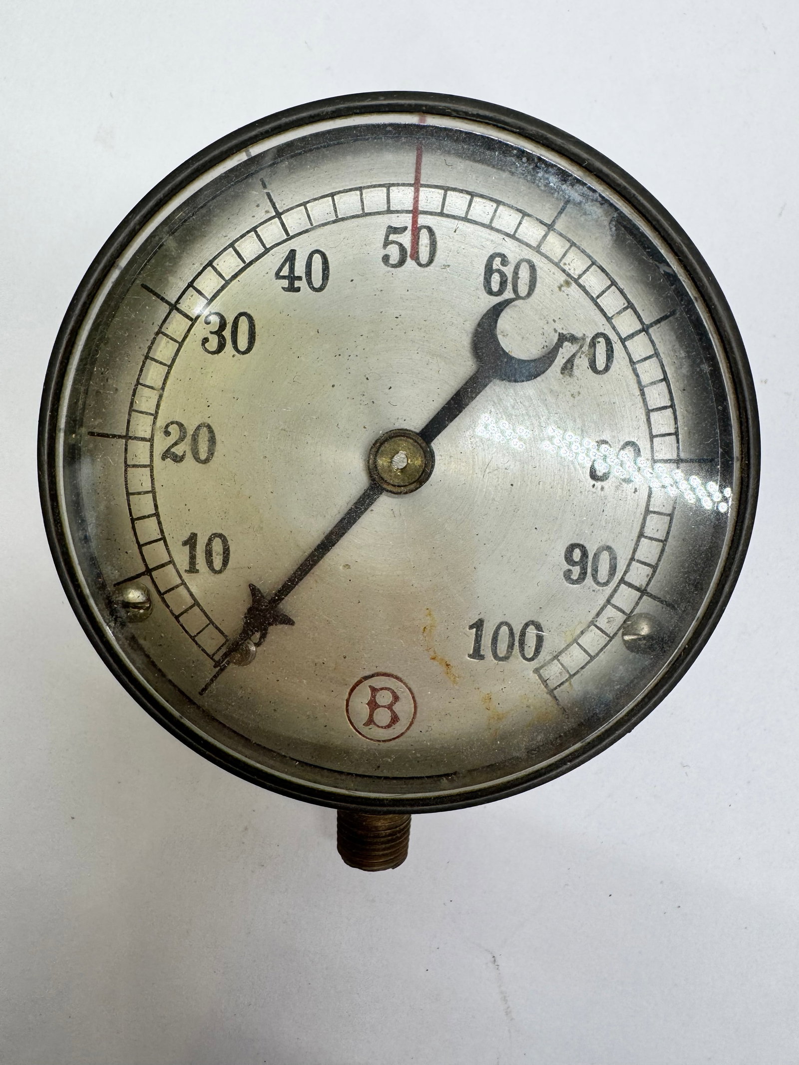 Vintage Art Deco Industrial Steam Pressure Gauge 0–100 PSI: Vintage industrial steam pressure gauge featuring a distinctive Art Deco-style crescent pointer and a 0–100 PSI scale. Likely manufactured by the U.S. Gauge Company or Ashcroft during the 1920s–19