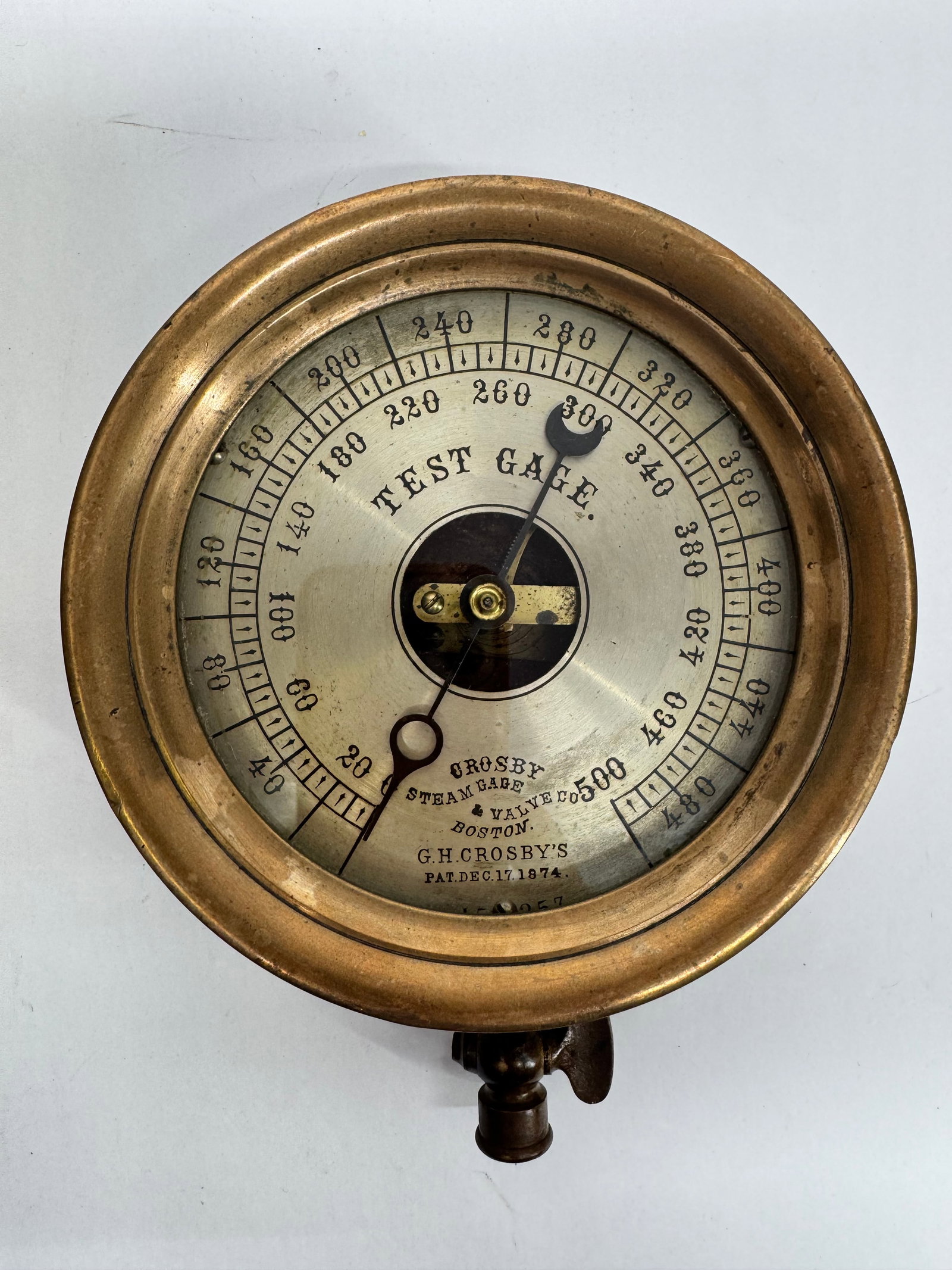 Antique Crosby Steam Gauge & Valve Co. Brass Test Pressure Gauge: Antique Crosby Steam Gauge & Valve Co. test pressure gauge manufactured in Boston, Massachusetts. Features a heavy solid brass case with a glass lens and precision dial designed for high-pressure stea