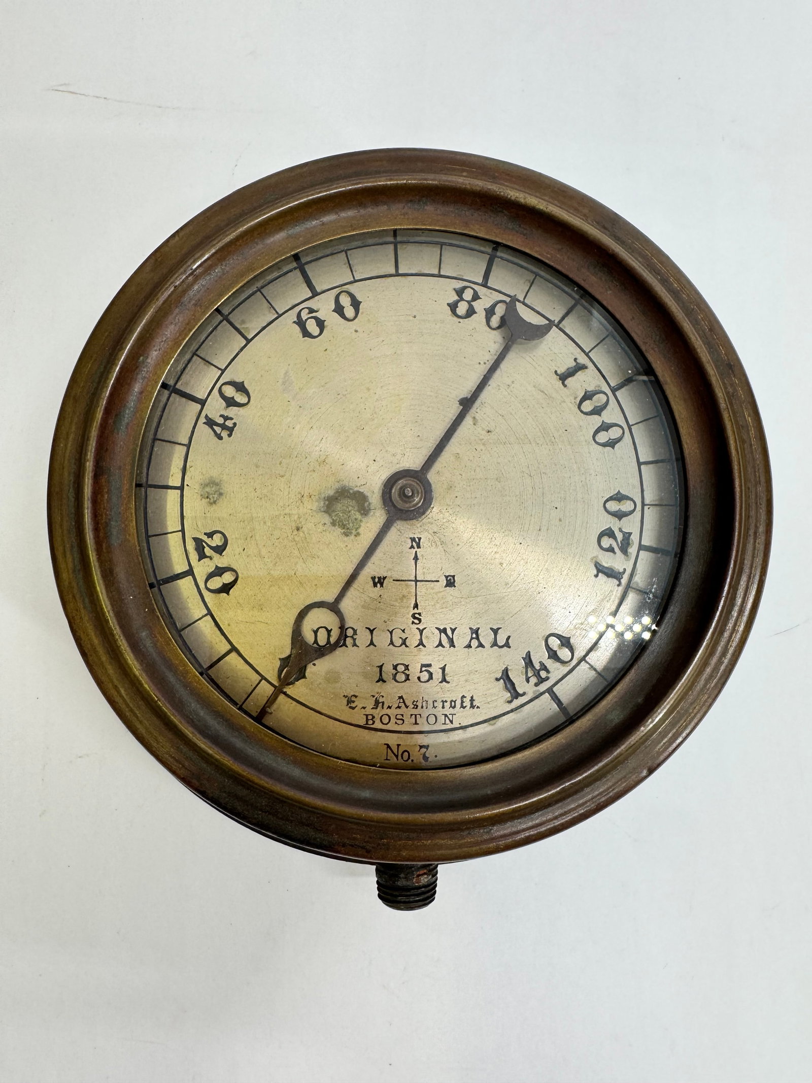 Antique E.H. Ashcroft Boston Brass Steam Pressure Gauge c.1851: Antique E.H. Ashcroft brass steam pressure gauge, manufactured in Boston, Massachusetts, and dated 1851. Features a solid brass case, glass lens, and a classic dial graduated from 0–140 PSI with the