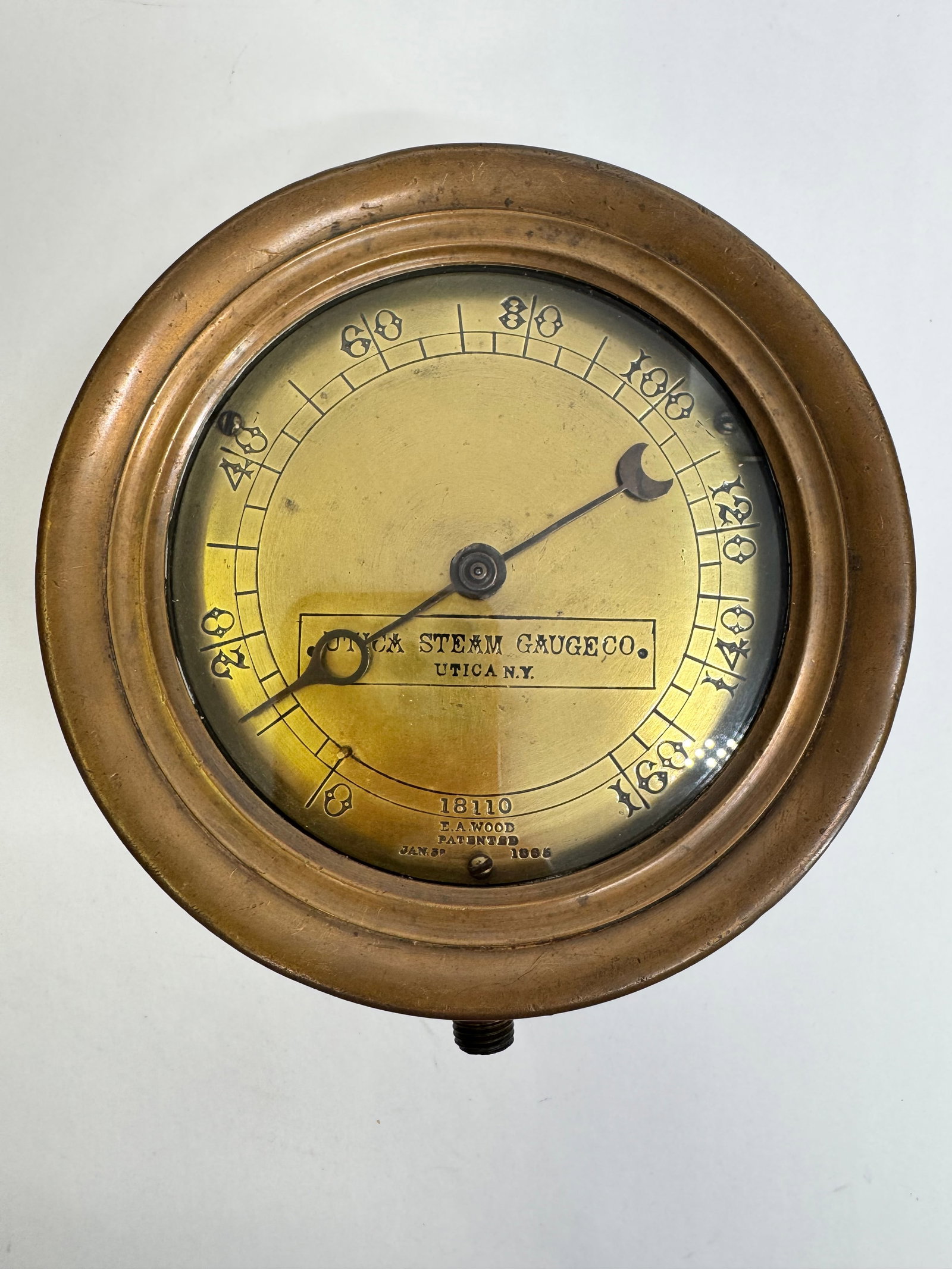 Antique Utica Steam Gauge Co. Brass Pressure Gauge Pat. 1904: Antique Utica Steam Gauge Co. brass steam pressure gauge manufactured in Utica, New York. Features a solid brass case with a brass dial graduated to 160 lbs. PSI and marked with E.A. Wood patent infor