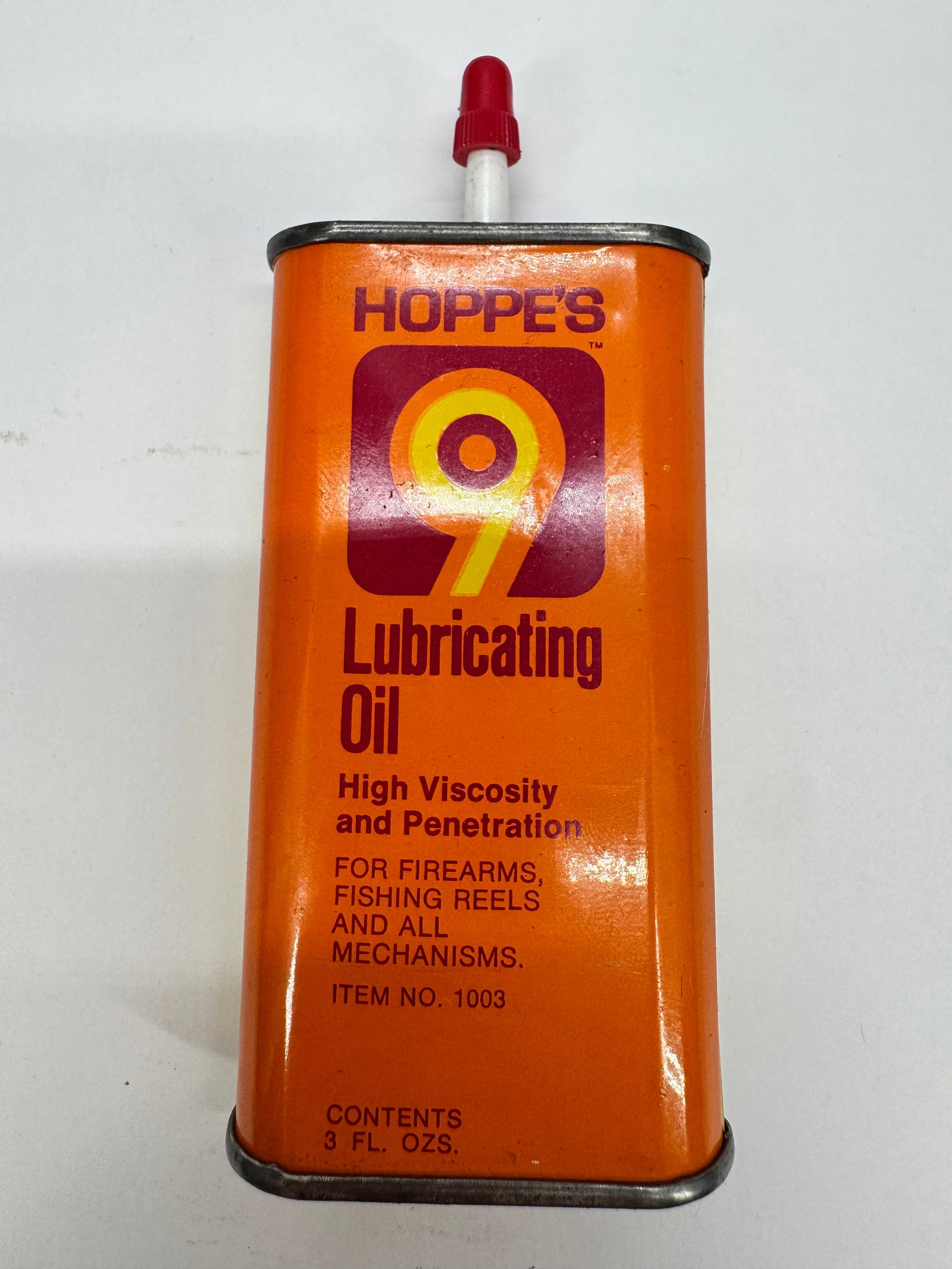 Vintage Hoppe’s No. 9 Lubricating Oil 3 Oz Tin Oiler: Vintage Hoppe’s No. 9 Lubricating Oil 3-fluid-ounce tin oiler featuring the iconic orange and purple graphics. Designed for lubricating firearms, fishing reels, and other precision mechanisms, this 