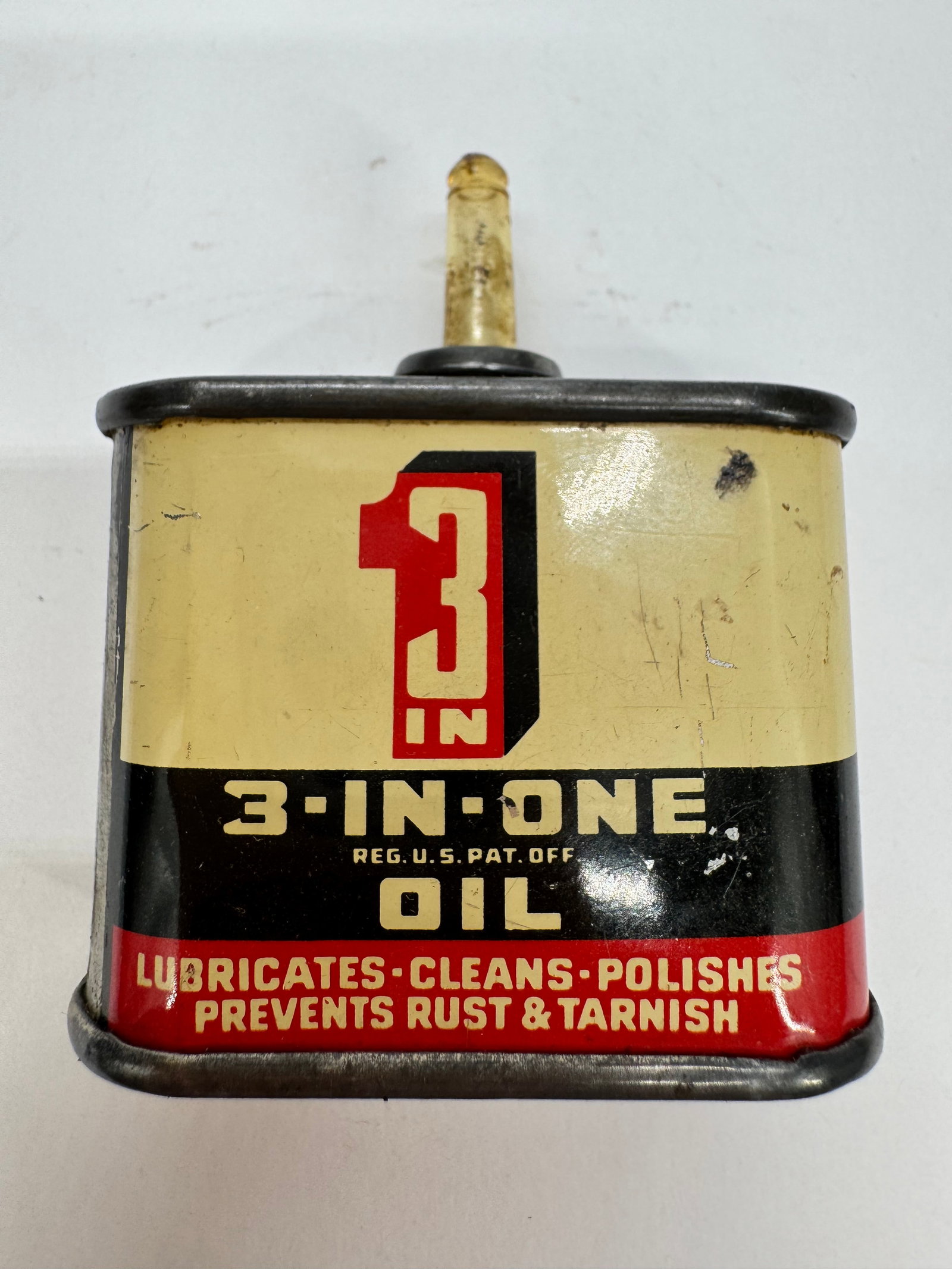 Vintage 3-In-One Oil Tin Oiler Advertising Can Original Spout: Vintage 3-In-One Oil tin oiler featuring the classic cream, black, and red advertising design. Original metal oil can with its factory applicator spout, intended for lubricating, cleaning, polishing, 