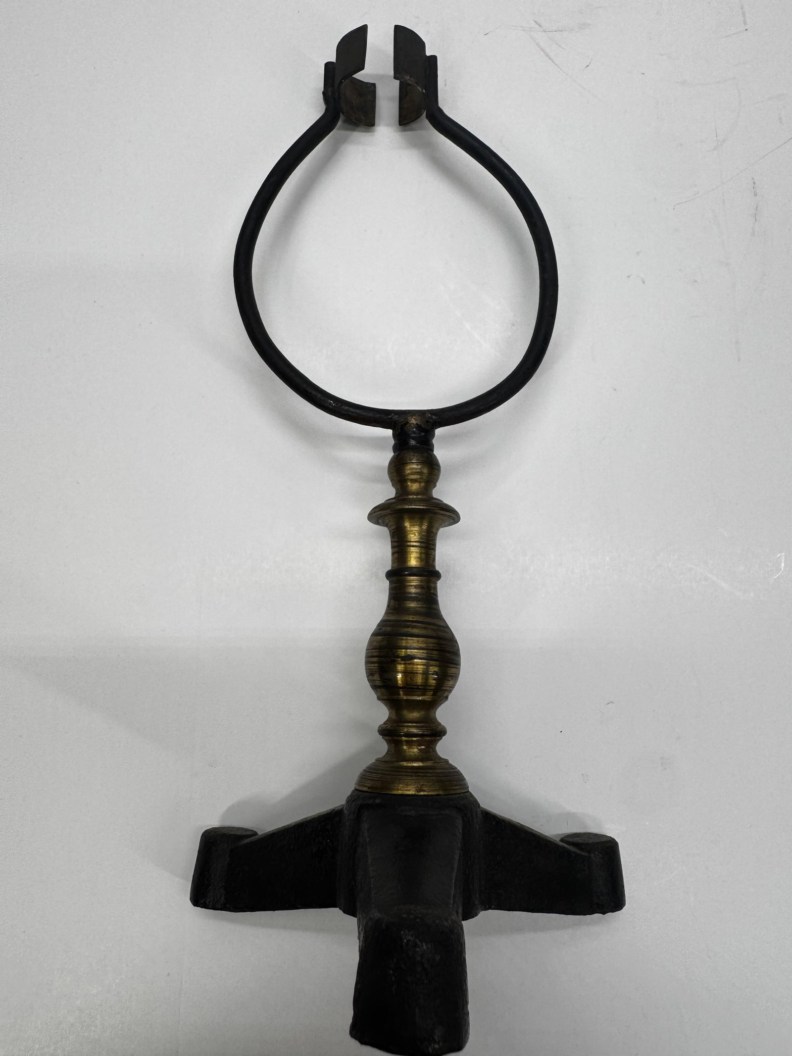 Antique Cast Iron & Brass Fireplace Trivet Kettle Holder Hearth Tool: Antique cast iron and brass fireplace hearth trivet or kettle holder featuring a forged iron ring, turned brass handle, and heavy cast iron socket base. Likely dates to the late 19th or early 20th cen