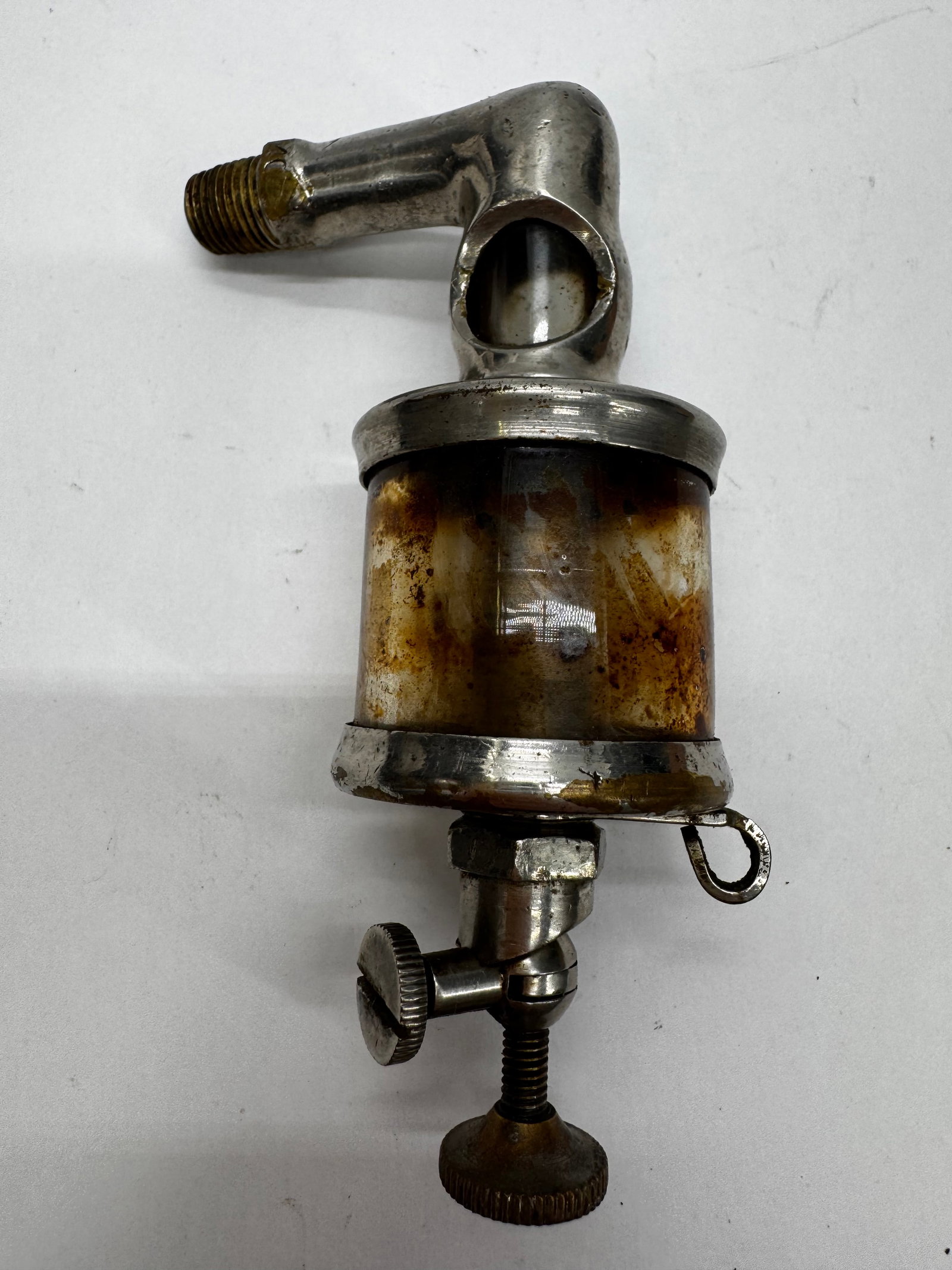 Vintage Detroit Lubricator Sight Feed Oiler: Vintage Detroit Lubricator Co. sight feed lubricator with glass reservoir and nickel-plated metal body. Used on antique steam engines, stationary engines, and industrial machinery. Features adjustable
