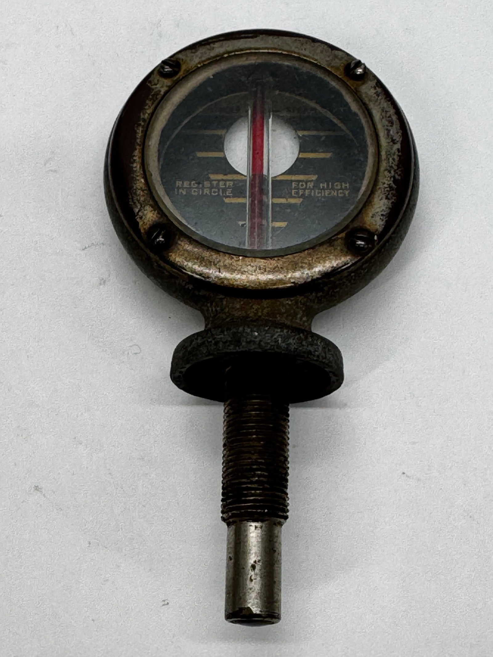 Vintage Boyce Motometer Midget Radiator Thermometer: Vintage Boyce Motometer Midget Model radiator cap thermometer by The Boyce Motometer Co., Inc., Racine, Wis. Designed for early automobiles to monitor engine temperature through the radiator cap. Feat