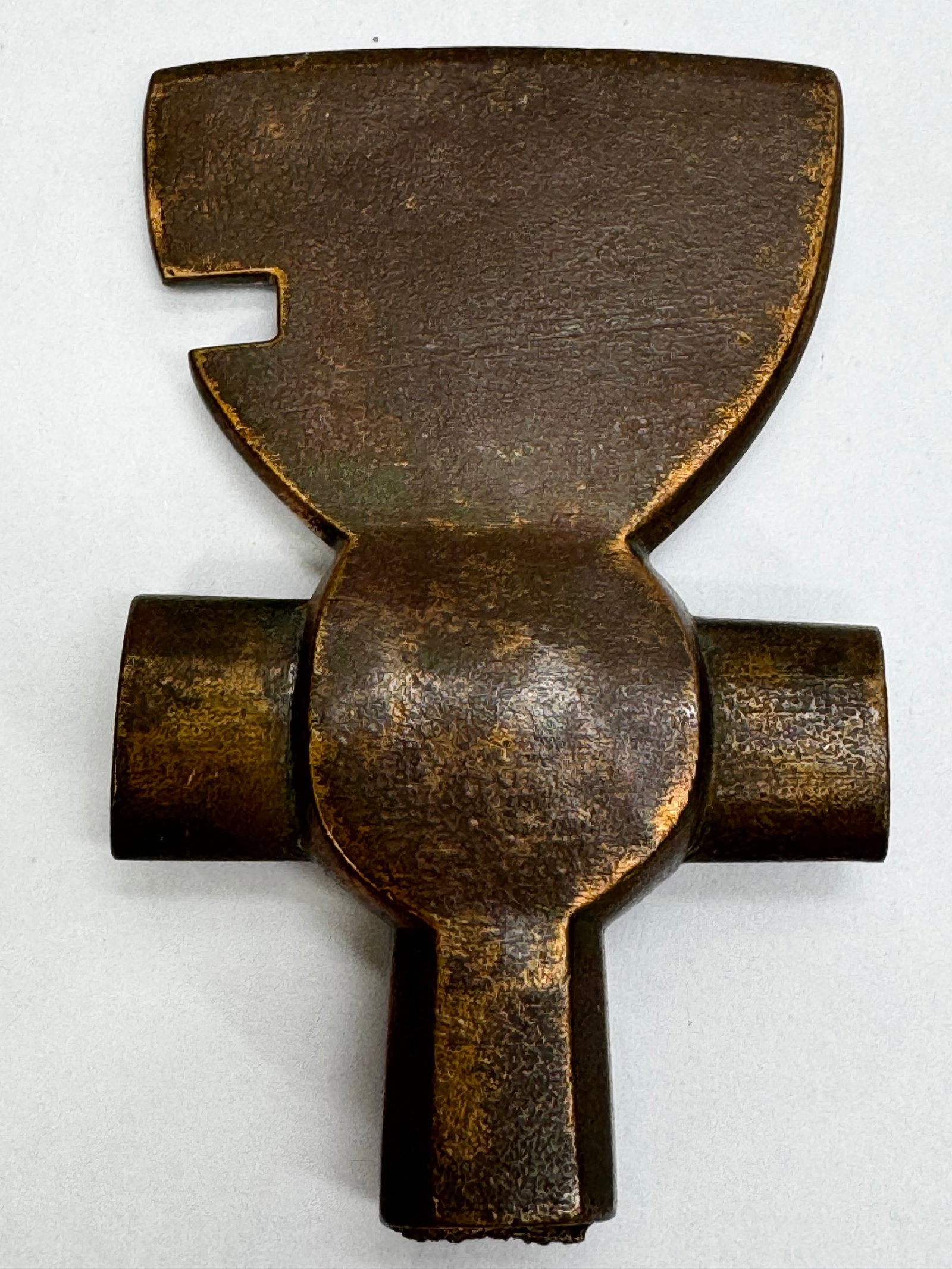 Antique Forged Steel Multi-Function Steam Valve Wrench Tool: Antique forged steel multi-function wrench featuring multiple socket openings and an open spanner end. Likely used for servicing steam engines, industrial machinery, or railroad equipment in the late 