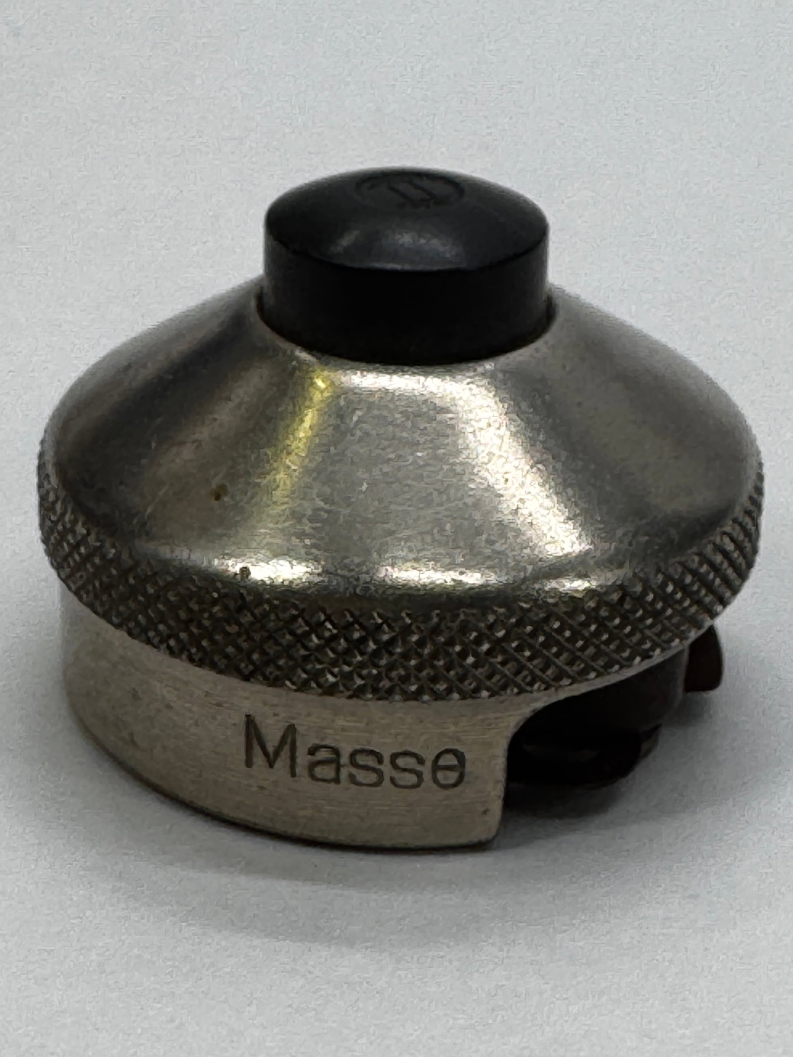 Vintage Masse Ratchet Head Socket Wrench Attachment: Vintage Masse ratchet head attachment featuring a knurled steel housing with a push-button quick-release mechanism. Designed for use with an interchangeable handle or torque wrench system. Made of ste
