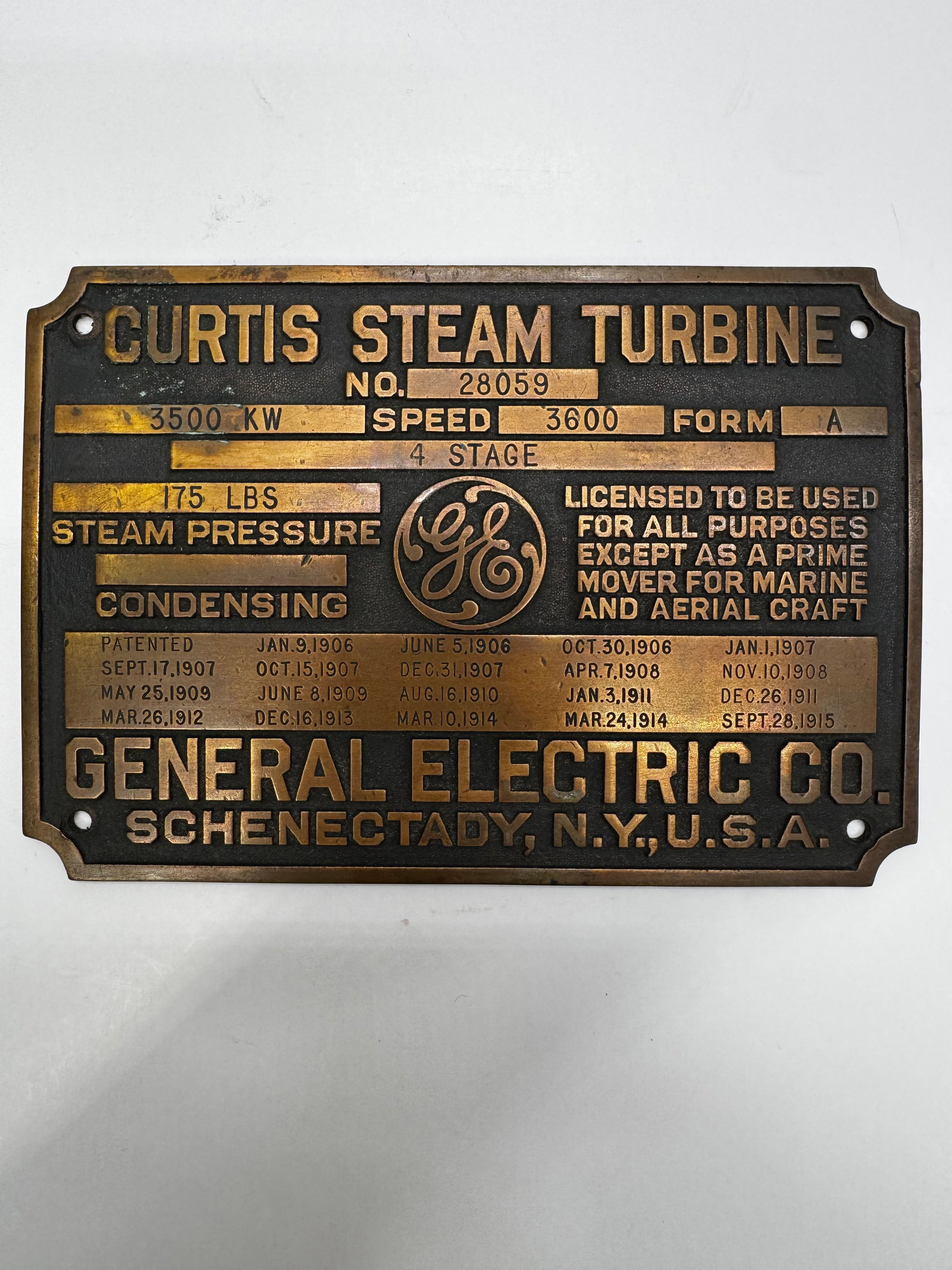 Antique GE Curtis Steam Turbine Brass Nameplate 3500KW Schenectady NY: Original General Electric brass identification plate from a Curtis Steam Turbine, manufactured in Schenectady, New York, in the early 20th century. The plate identifies a 3500 KW, 4-stage steam turbin