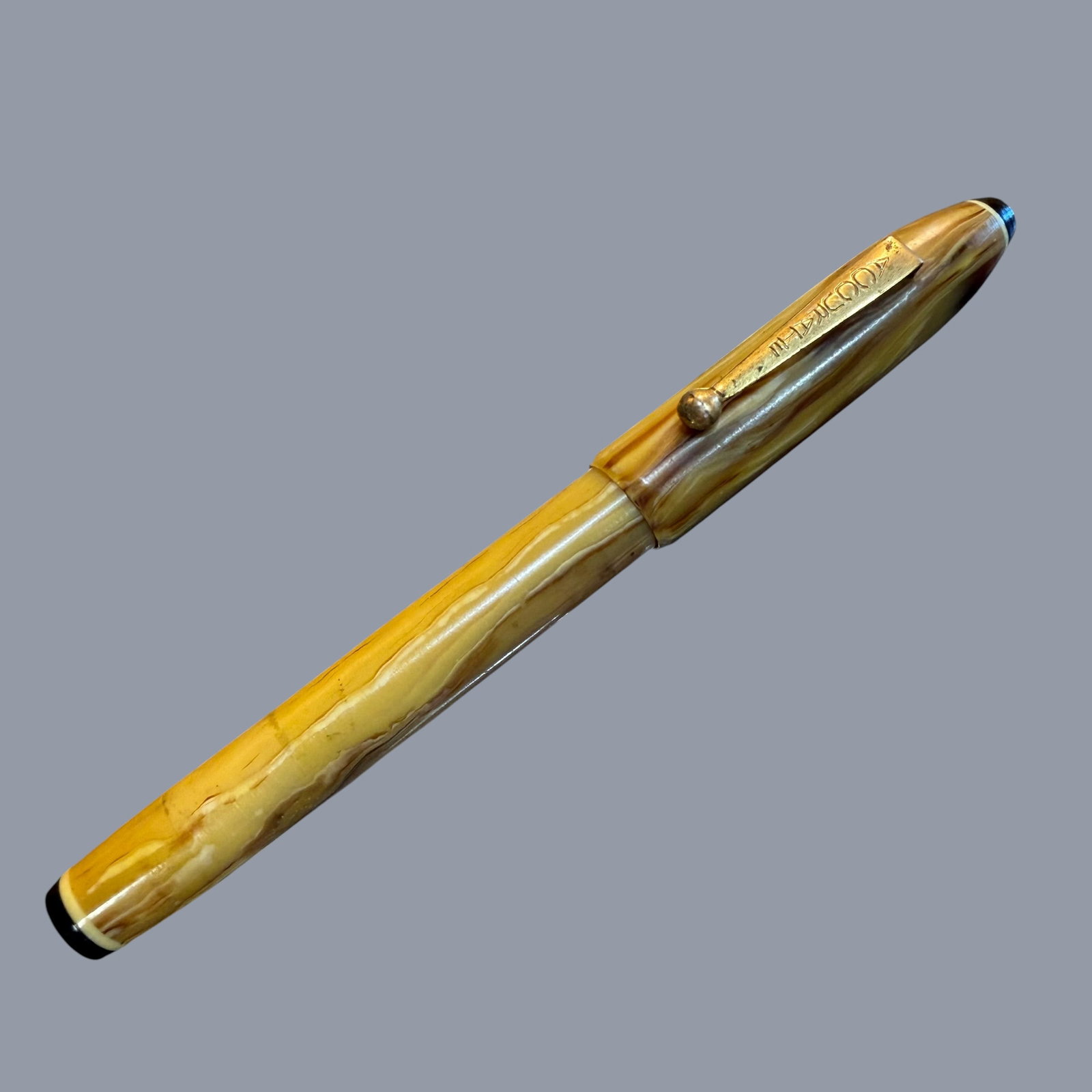 Tan Brown Accurate Lever Fill Fountain Pen 14k Gold Plated Nib: Description: Vintage lever fill fountain pen marked Accurate. Tan marbled celluloid body. 14k gold plated marked nib. / Size: 5 5/16”. / Condition: Excellent, ready to be enjoyed. Untested. Mini