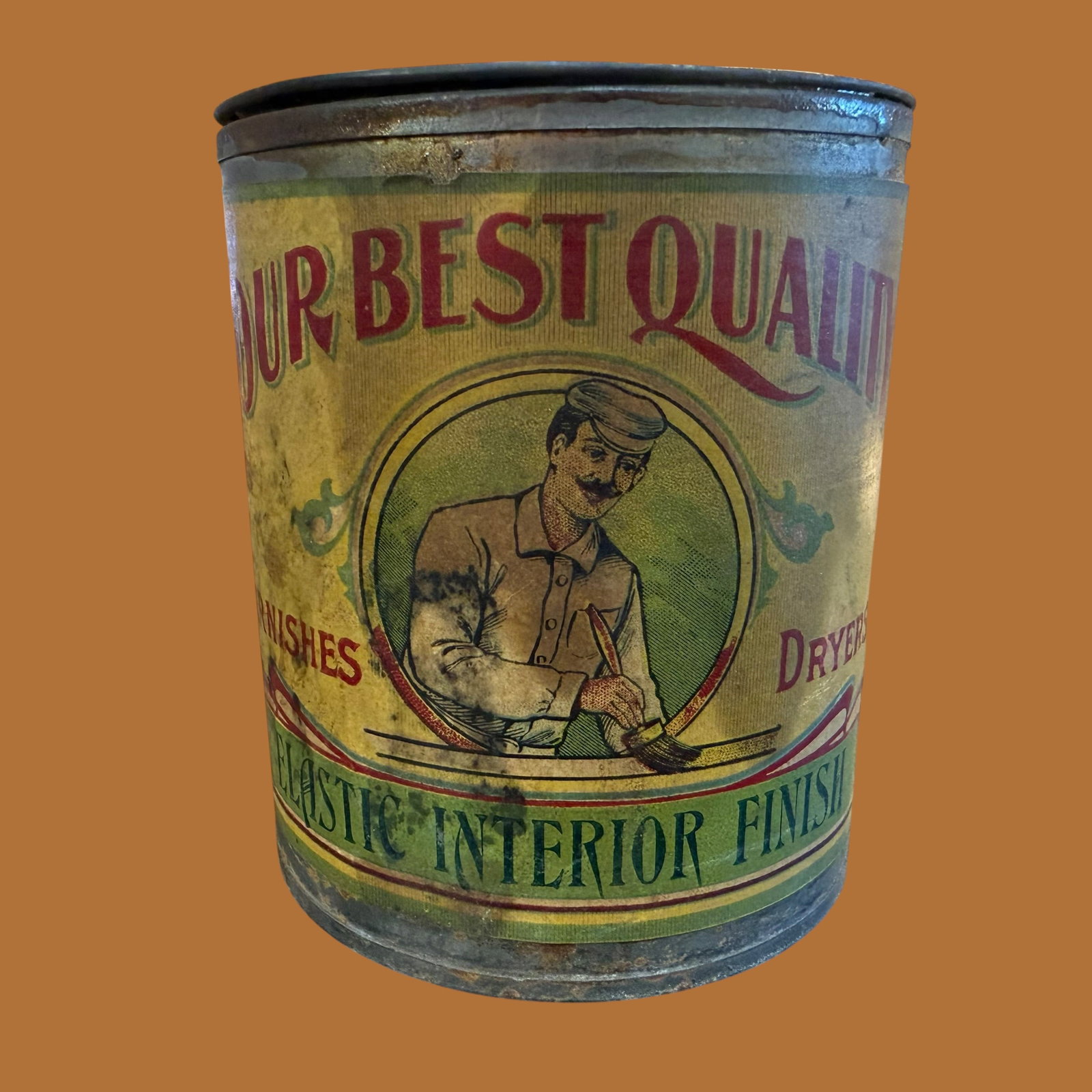 Early 1900s Dauchy Our Best Quality Interior Paint Tin Can 4”: Description: Early 1900s Charles H. Dauchy Co. tin can with paper label for Elastic Interior Finish, Our Best Quality. Master Painters Line, Varnish Dryers. / Size: 4” tall. 3.375” diamete