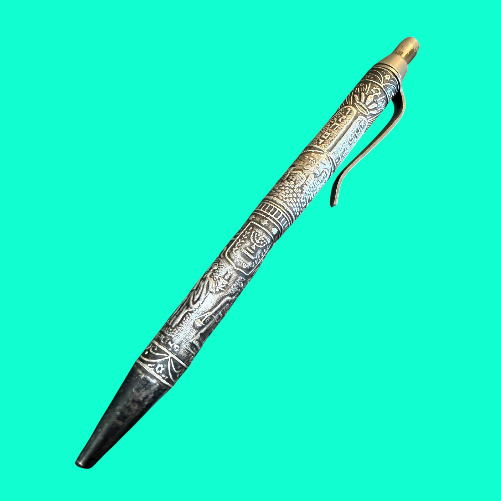 Israel Judaica Sterling Silver Ball Point Pen 25.46g 925 Repouse (1 of 7)
