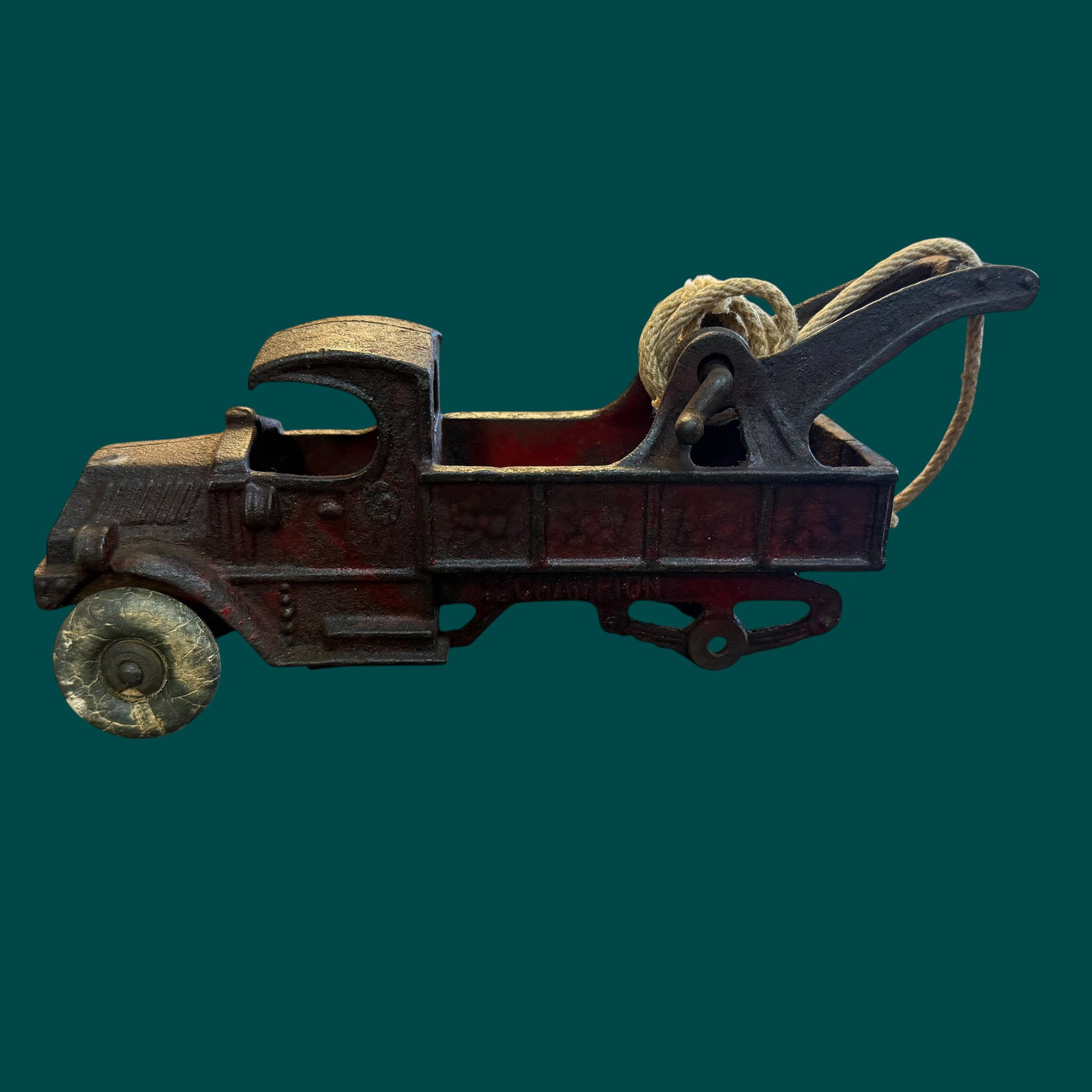 Antique 1910s 1920s Champion Cast Iron Mack C Cab Tow Truck Toy 8.5”: Description: Early 1900s cast C cab Mack toy tow truck. / Material: Cast Iron. Rubber wheels. / Size: 8.5” long. / Condition: Ready to be enjoyed. Please note that while it retains some of its o