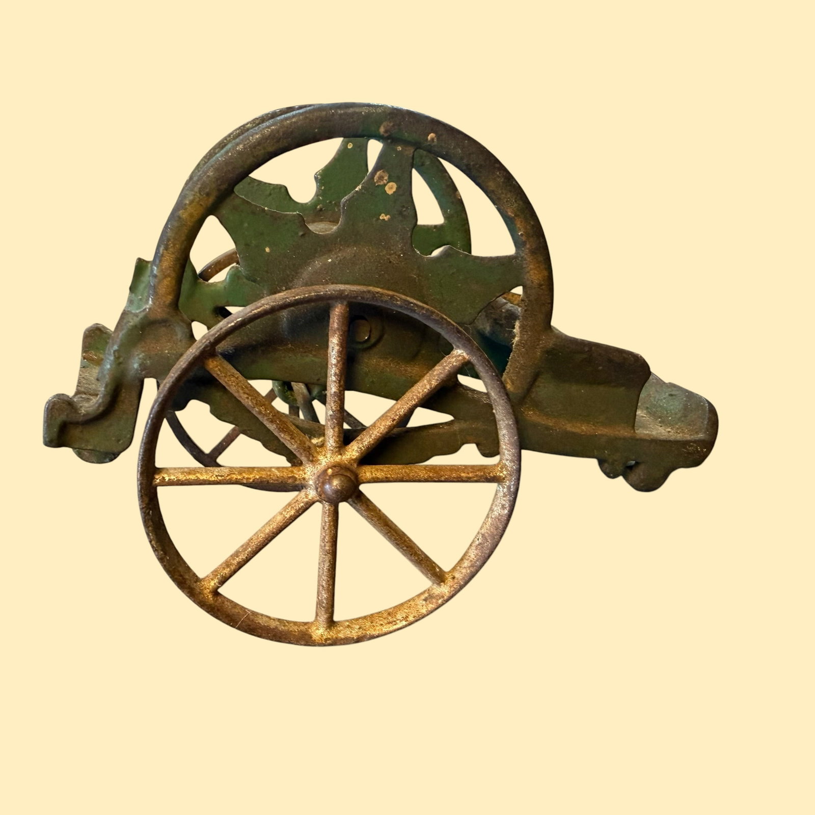 Antique 1890s Cast Iron Fire Department Horse Drawn Hose Reel Toy: Description: Circa 1890s Cast fire hose reel. Would have originally had a team of horses out front of it. / Material: Cast iron. / Size: Overall 5.75” long x 3” x 4”. / Condition: Re