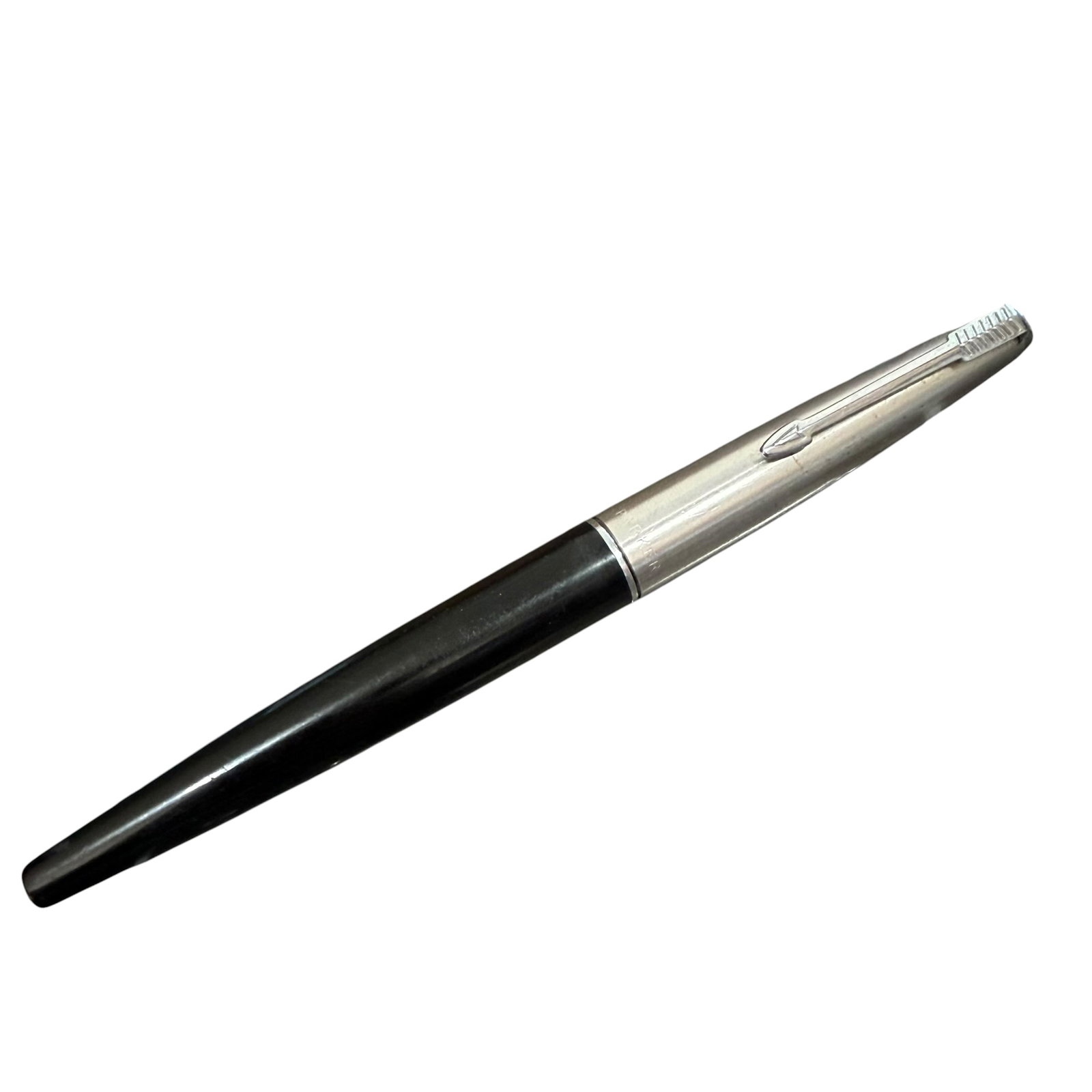 Vintage 1960s Parker 45 Black Stainless Steel Fountain Pen: Description: Circa 1960s Parker 45 fountain pen. Black body with stainless steel cap. Nib end is missing as shown. Size: 5.375” long with cap. / Condition: Ready to be enjoyed. Minimal handling 