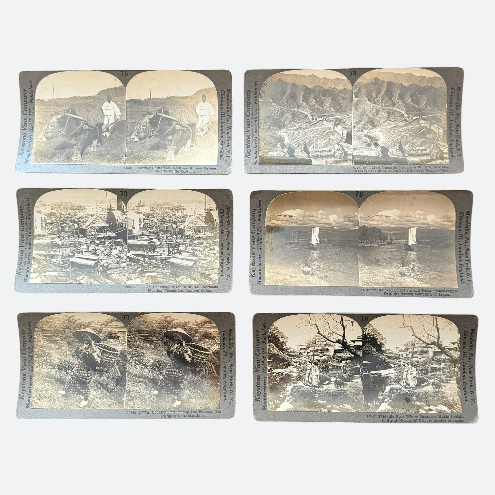 6 Keystone Stereoview Photographs Japan Tea Fields Sacred Mountain Floating China Great Wall Korean (1 of 10)