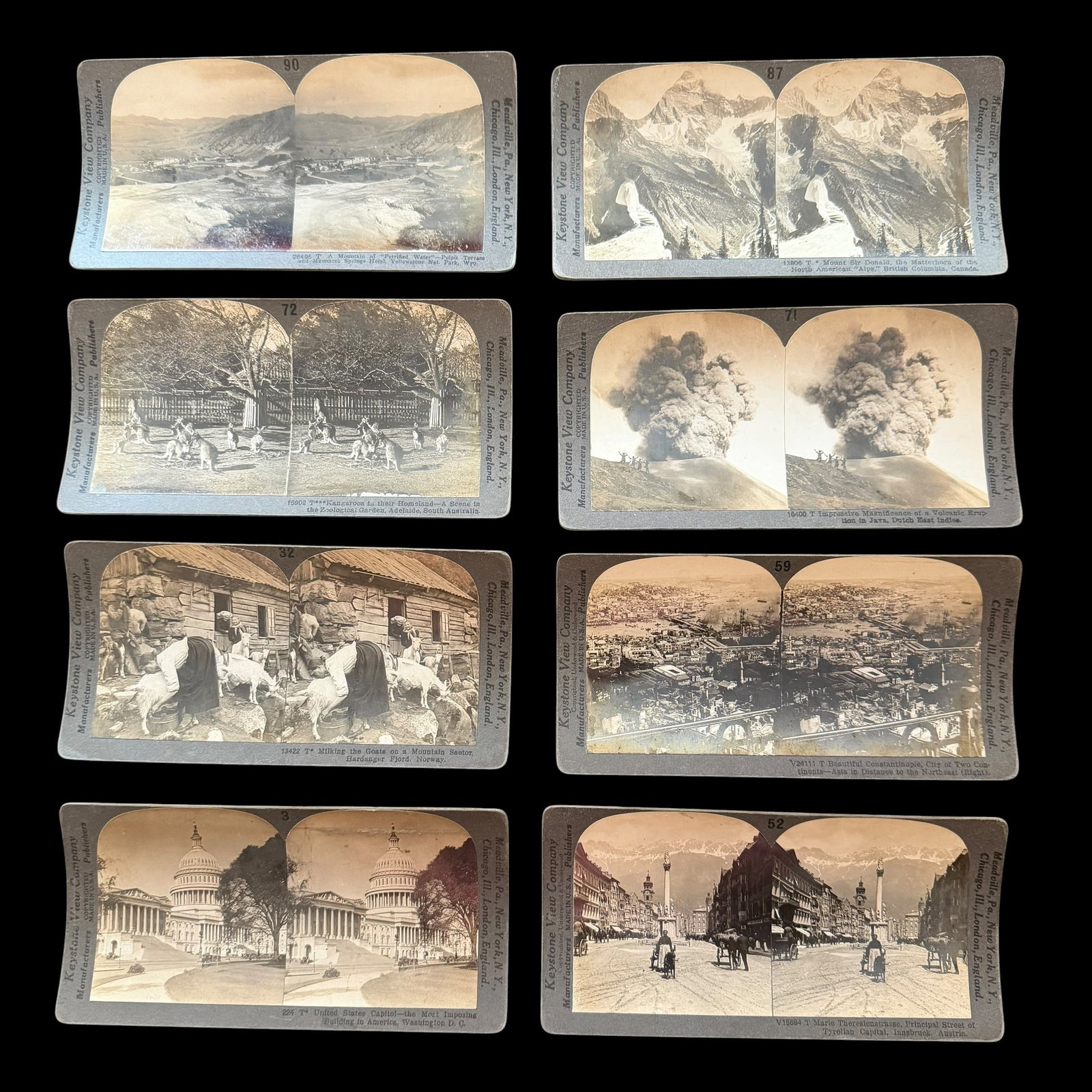 8 Keystone Stereoview Photographs Yellowstone Canada Australia India Norway Asia Austria Washington: Description: Eight stereo view photos by Keystone. 26496 Yellowstone National Park, 13806 Mount Sir Donald Canada. 15902 Kangaroos Australia. 16409 Volcanic Eruption Java. 13422 Milking goats in Norwa