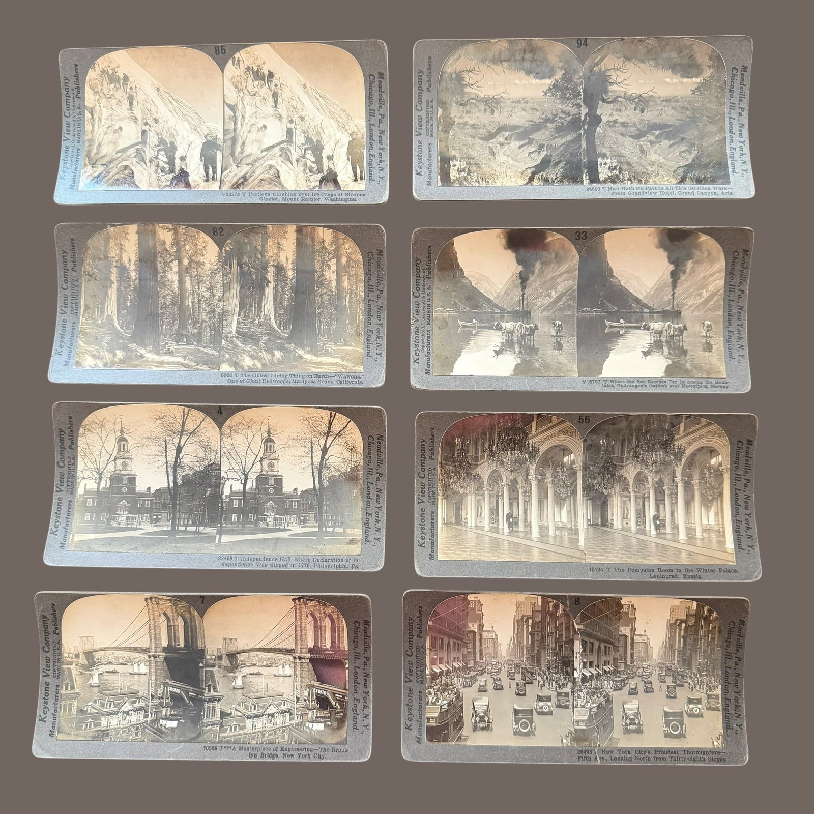 8 Keystone Stereoview Photographs Mt Rainier Grand Canyon NY California Norway Russia Philadelphia: Description: Eight stereo view photos by Keystone. V23272 Mount Rainier Washington. 26503 Grand Canyon Arizona. 5006 Wawona California. V15797 Naerofjord Norway. 18194 Palace Leningrad Russia. 23468 I