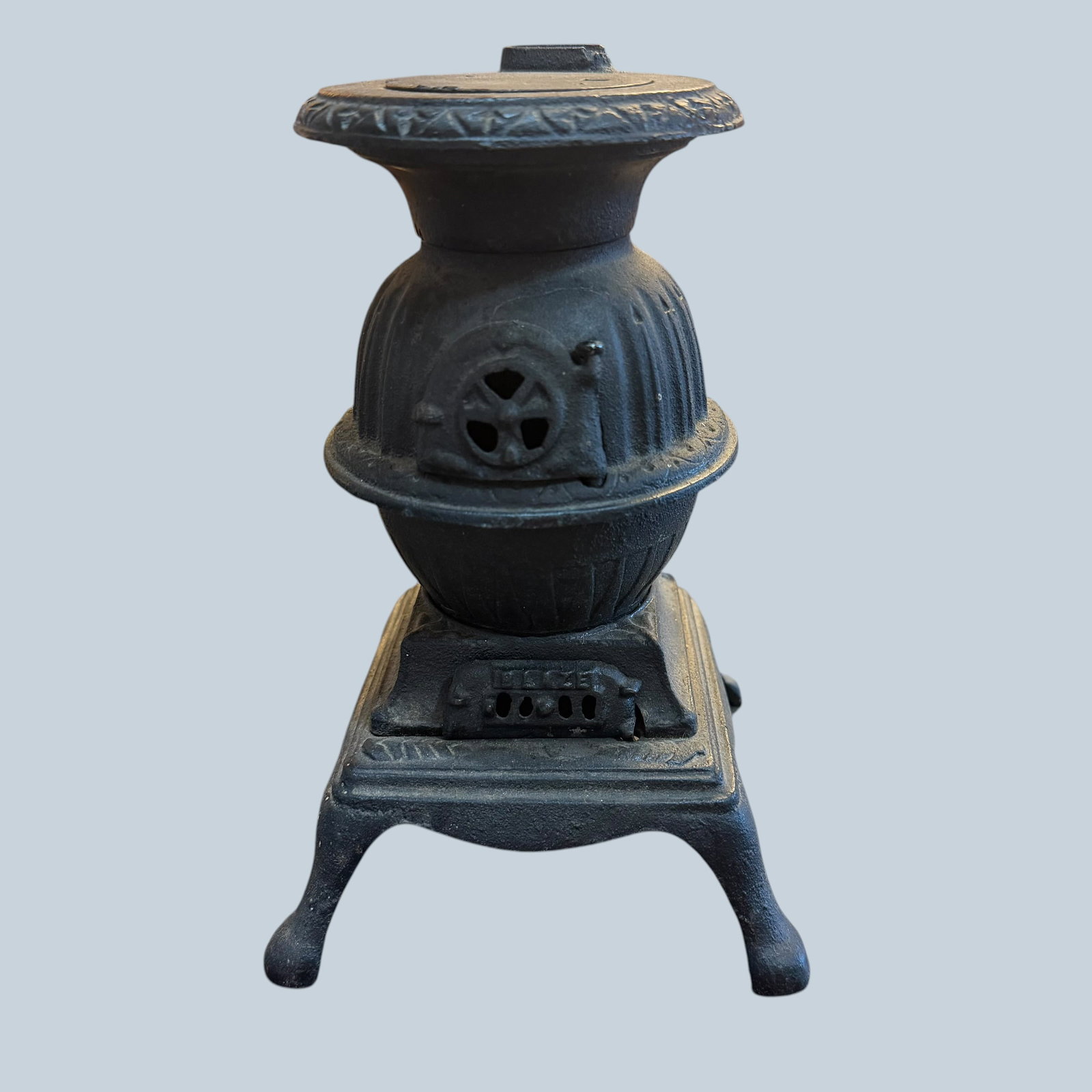 Vintage Cast Iron Steel Childs Toy Pot Belly Wood Coal Stove: Description: Vintage cast child’s toy stove. Marked Taiwan on bottom. / Material: Cast metal. / Size: 8” tall. 5.25” x 5.25” at base. / Condition: Ready to be enjoyed. / ********* 