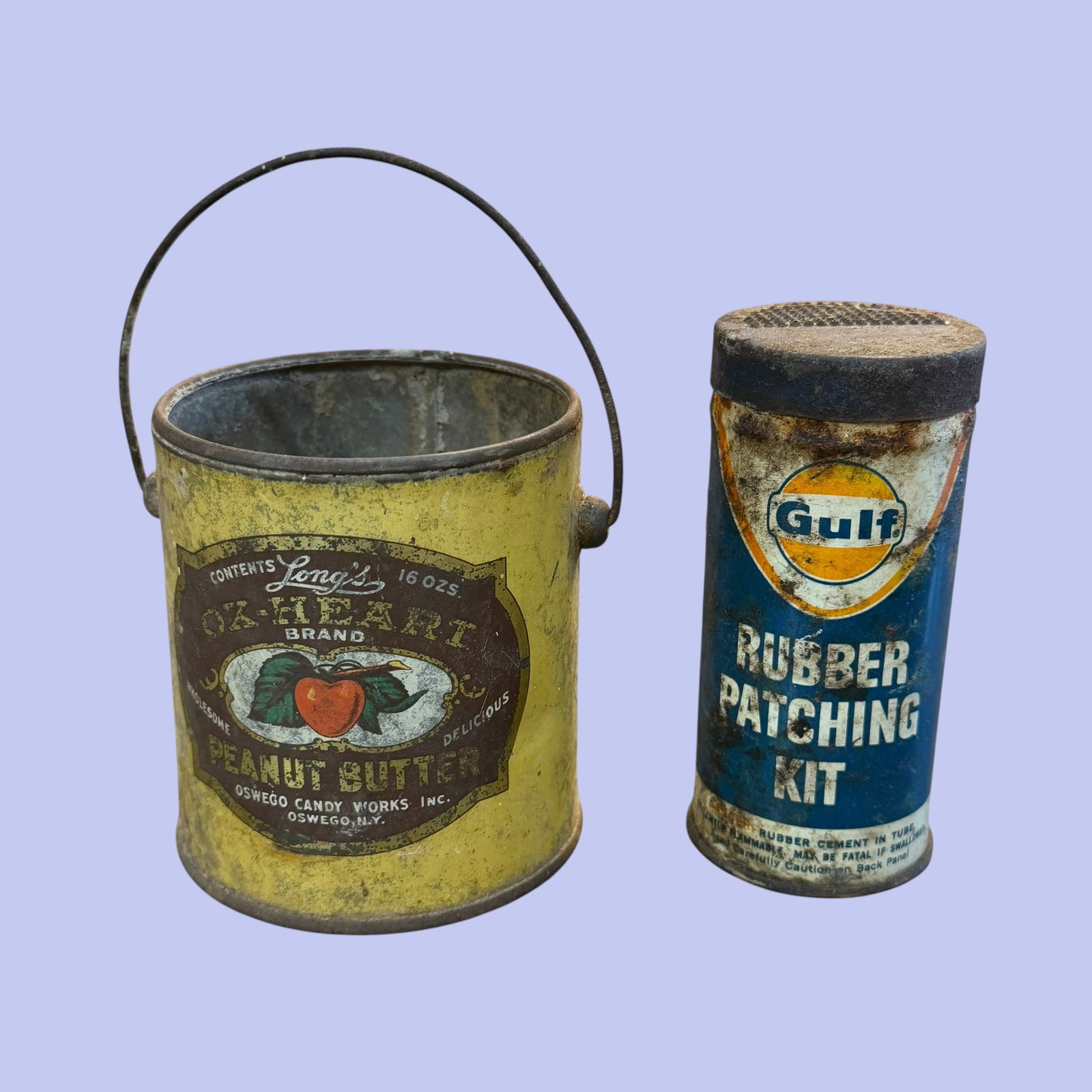 Pair of Collectible Tins Ox Heart Peanut Butter Bucket Gulf Rubber Patching Kit (1 of 10)