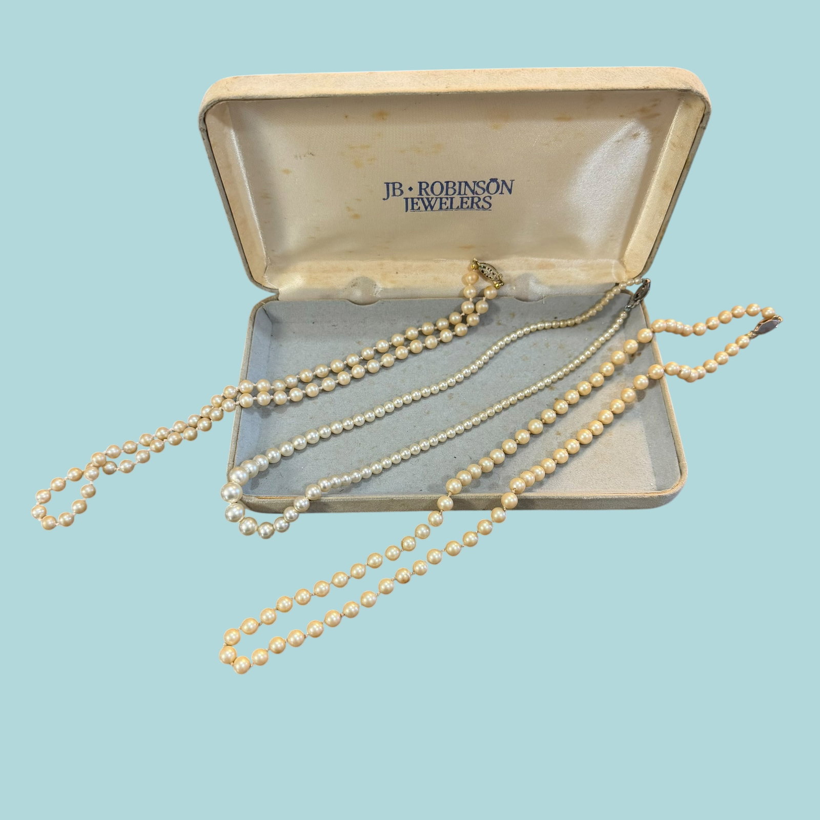 3 Vintage Pearl Necklaces JB Robinson Jewelers Box 18” 19” 24”: Description: Three single strand pearl necklaces. Each different length. Comes with soft JB Robinson Jewelers box. / Material: Pearls, unsure of quality or make of each. / Size: 18, 19 and 24 inches. 