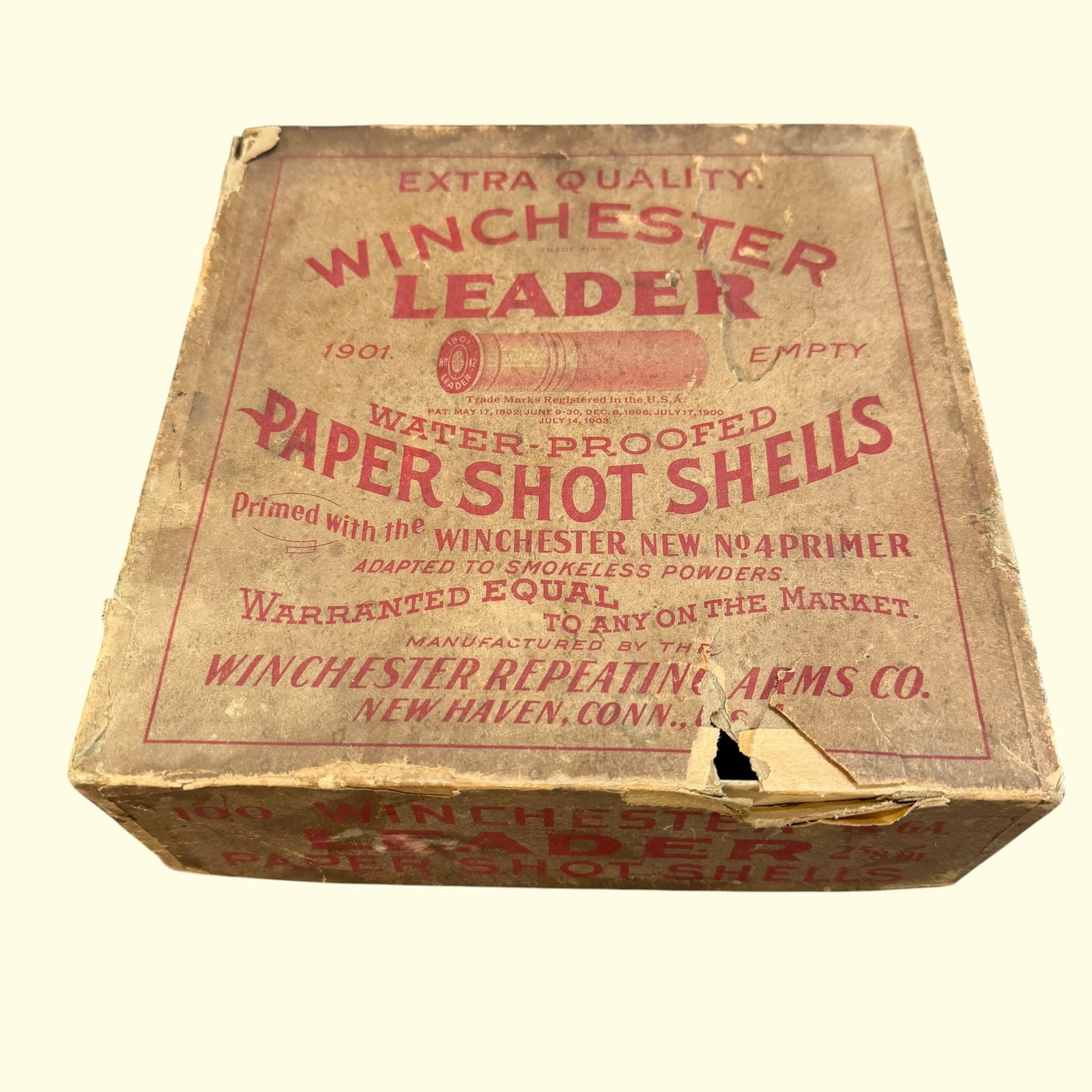 1901 Winchester Leader Empty 12ga Shot Shell Box w/ 18 Empties: Description: Original Winchester Leader 1901 12 ga box with 18 used empty paper shot shells. Originally held 100 2 5/8” shells that would have been Primed with No. 4 Primer. For use with smokele
