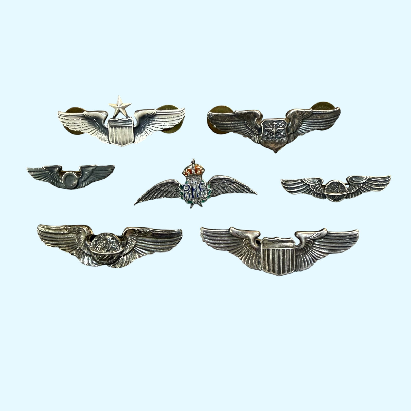 7 Different Sterling Silver WW2 Era Army Air Force Aviator Pilot Wings Pins 40.85g USA RAF (1 of 10)