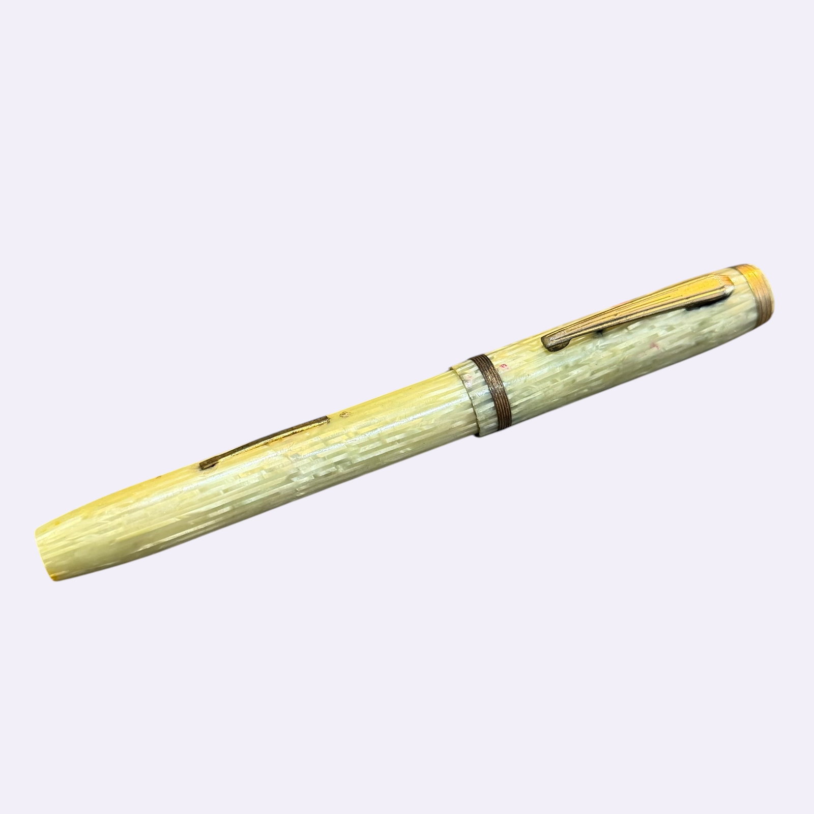 Vintage Antique Lever Fill Fountain Pen Kreko Nib White Pearl Stripe: Description: Vintage lever fill fountain pen with original cap. White pearl striped pattern. Kreko Medium nib. Appears to be complete though untested. / Size: Closed length just a hair over 5”. 
