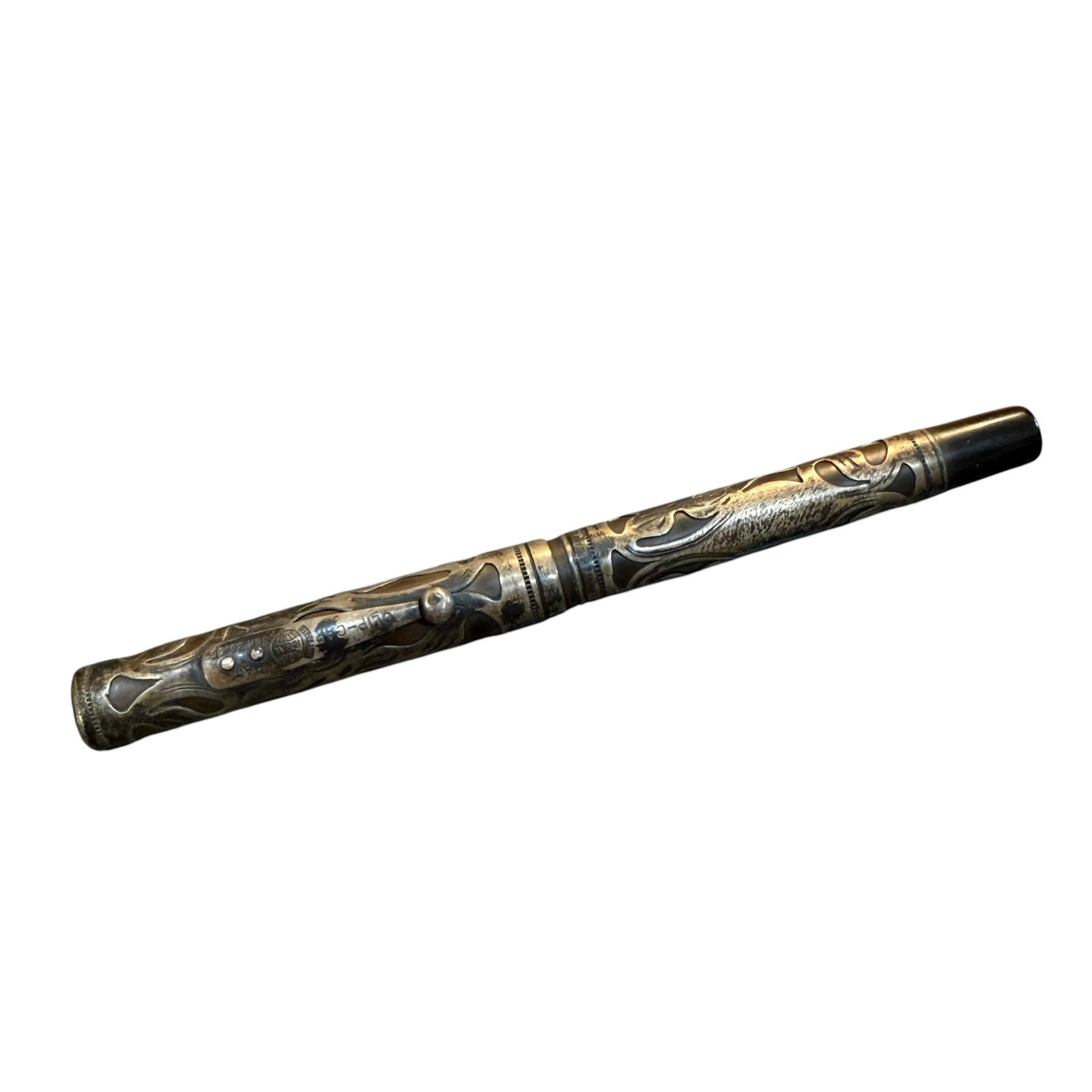 Waterman Ideal Clip Cap Silver Filigree Overlay Fountain Pen 1910s: Description: Antique circa 1910s Waterman Ideal fountain pen with Sterling Silver overlay. Clip cap. Appears to have been personalized but the script is faint and undetermined as to what it says. Nib 