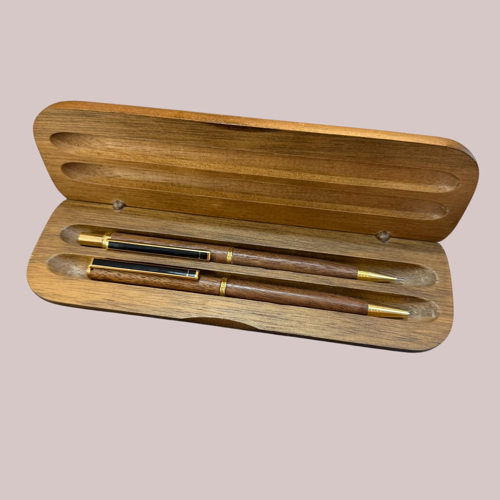 Custom Wood Turned Mechanical Pencil Ball Point Pen Set in Presentation Box: Description: Contemporary Mechanical Pencil and Ball Point Pen set in a wood display presentation box. Gold tone metal accents. Clips on both marked Taiwan. Mechanics work though without ink or lead, 