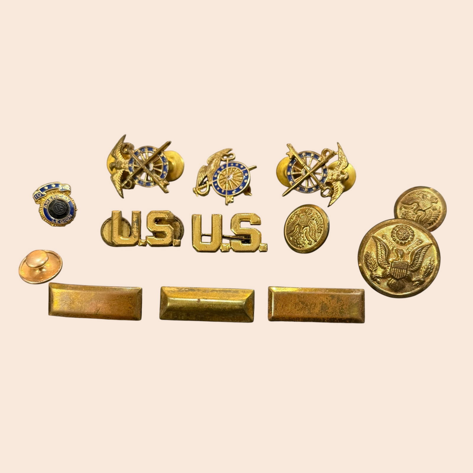 WW2 Gold Tone Officers Pins Buttons Emblems Quartermaster Army American Legion 10k Gold Filled 1.77g (1 of 11)