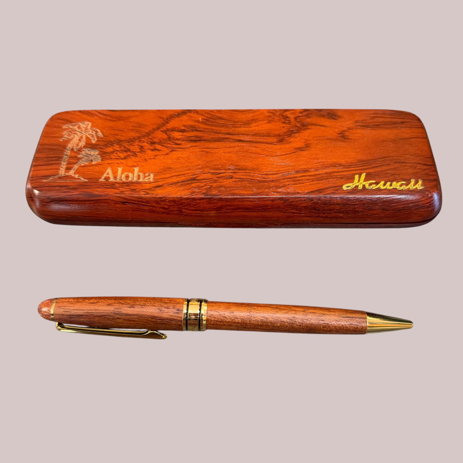 1980s Aloha Hawaii Custom Wood Ball Point Pen w/ Case Box: Description: Vintage circa 1980s or 1990s Custom wood pen in wood box, cover says Aloha Hawaii. / Material: Wood with gold tone metal accents. / Size: Pen 5 9/16” long. / Condition: Ready to be 