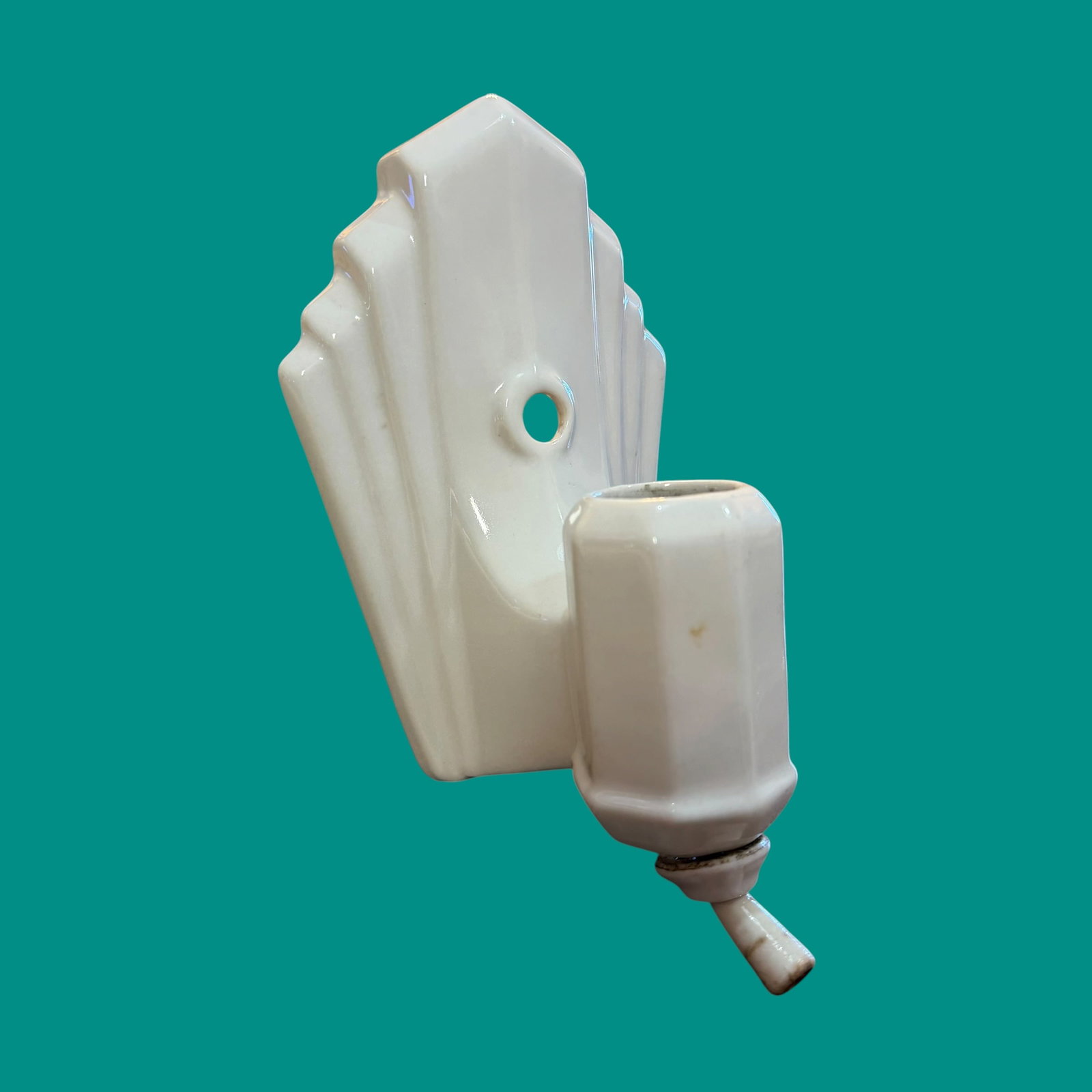 1920s 1930s Art Deco Style Porcelain Light Fixture Sconce: Description: Art Deco style light fixture with pull chain on off switch. Circa 1920s 1930s. No wiring. Untested. / Material: Porcelain. / Size: Overall excluding the chain, 4.5” x 7” x 4&r