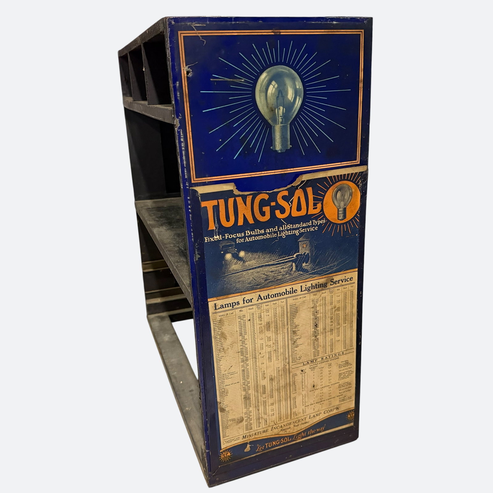 Early 1900s Tung Sol Tung-Sol Auto Bulb Advertising Display Rack w/ Original Bulbs in Boxes Sign: Description: Original early 1900s Tung Sol light bulb dealer display rack with many old boxes of bulbs. Brands include AC, Tung Sol, Carlton, Westinghouse, National, Eveready, Edison, GE. Some boxes h