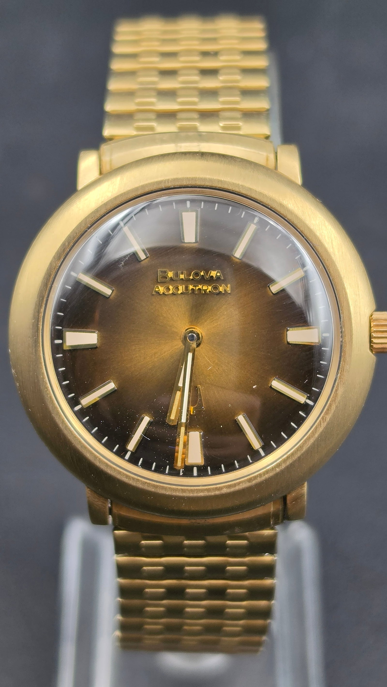 1974 Bulova Accutron Tuning Fork Wristwatch, N4 Case, Gold Electroplate, NOS: This is a genuine Bulova Accutron wristwatch, case coded N4, dating it to 1974. The Accutron is Bulova's famous electronic tuning-fork movement, Caliber 218, renowned for its distinctive smooth sweep 