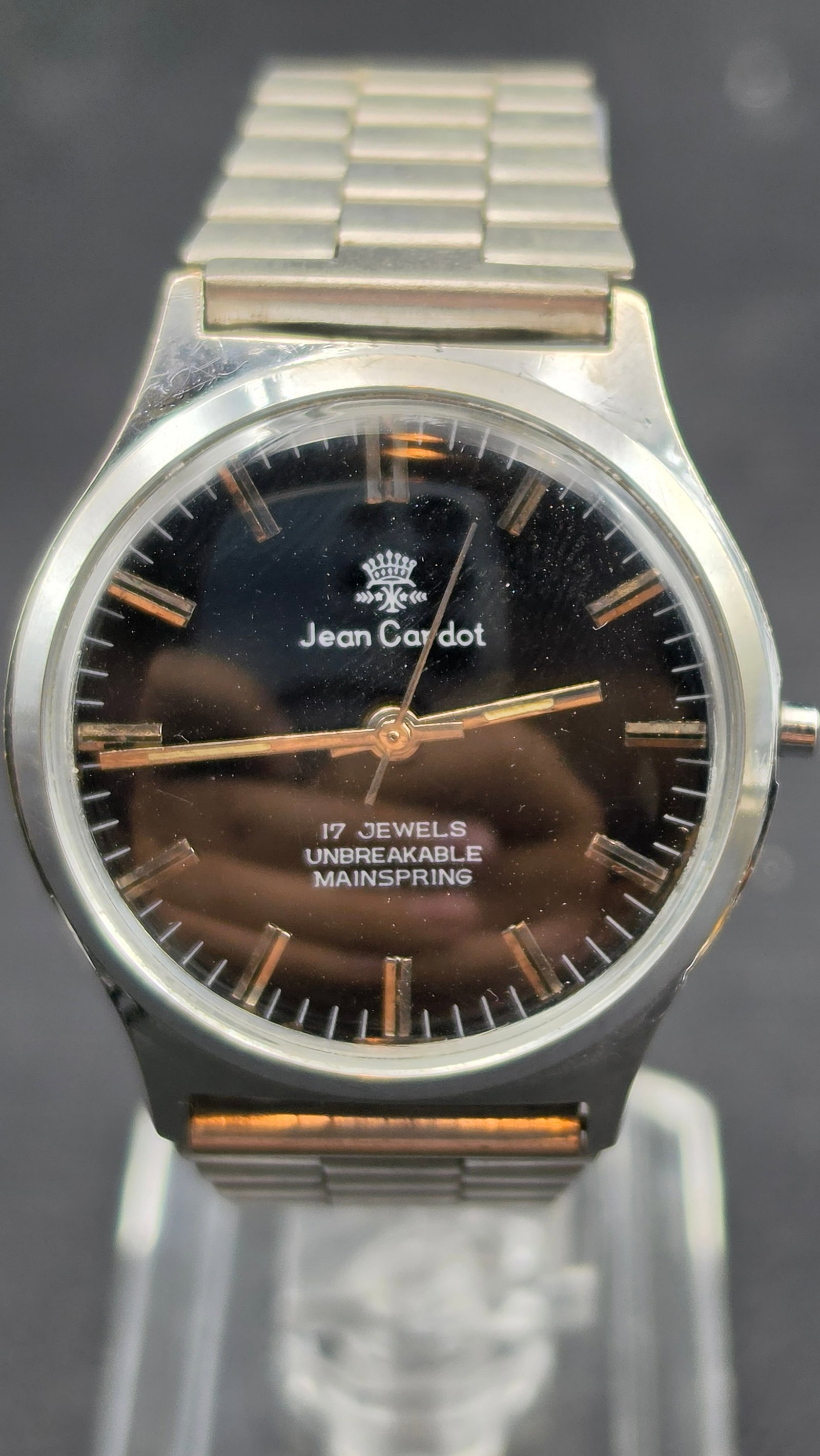 Jean Cardot 17 Jewels Manual Wind Watch (Soviet Poljot Movement: A Jean Cardot 17 Jewels manual-wind wristwatch, a private-label brand known for housing Soviet Poljot movements for the U.S. market. Black dial signed "Jean Cardot" with crown emblem, gold-tone baton 