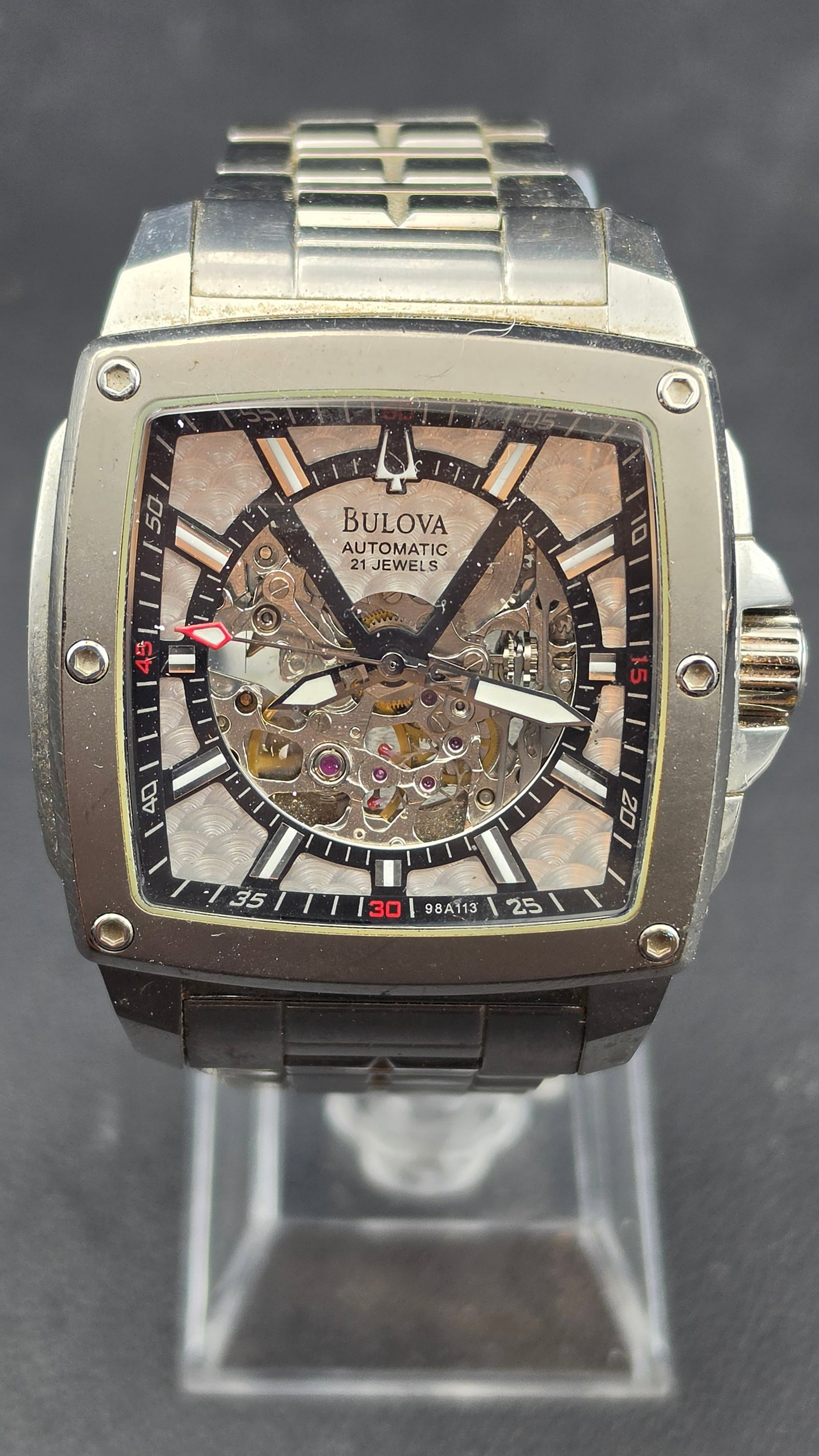 Bulova Automatic 21 Jewels Skeleton Tonneau Wristwatch, Stainless Steel/Titanium, Model 98A113, 2000 (1 of 9)