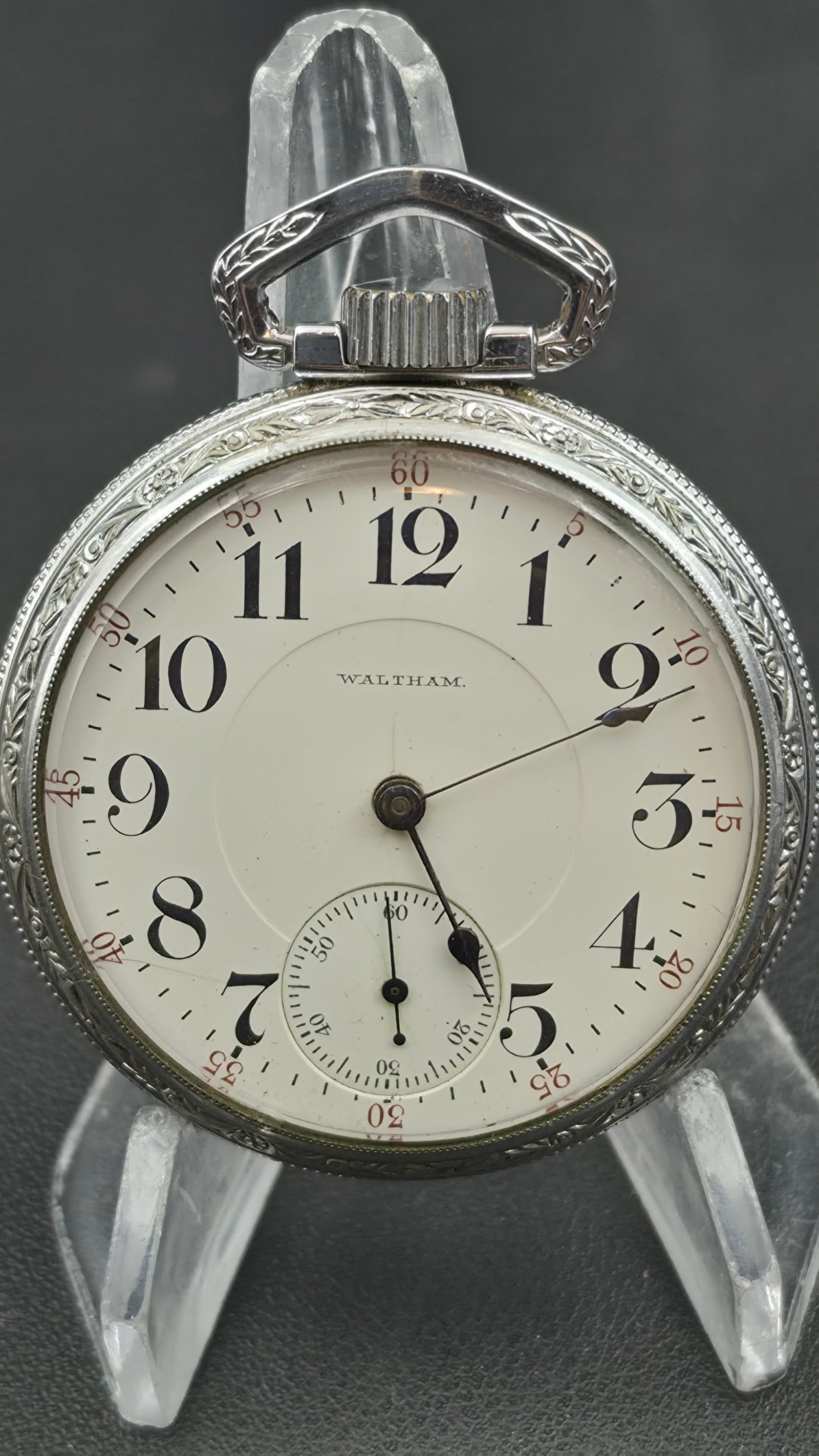 Antique Waltham Pocket Watch, 17 Jewel Adjusted 3 Positions, Engraved Case, Defiance, Runs Strong: This antique open-face pocket watch has an American Waltham Watch Co. movement signed "A.W.W. Co., Waltham, Mass.," with 17 jewels, adjusted to 3 positions. The case bezel and back are finely engraved