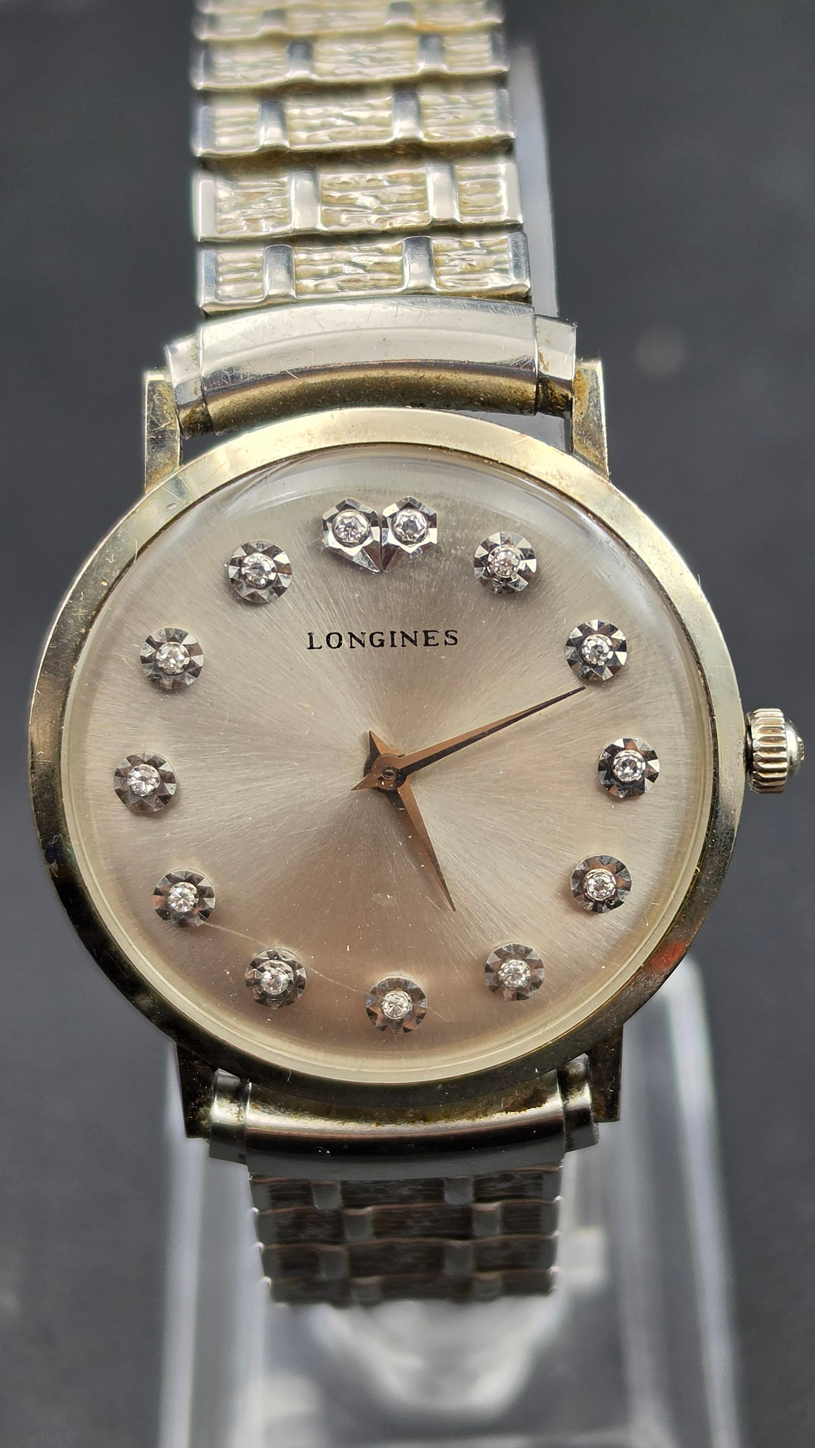 Vintage Longines Ladies Watch, Diamond Markers, 10K White Gold Filled, Original Box: A vintage Longines ladies wristwatch with a silvered dial signed LONGINES, set with twelve diamond hour markers (including a pair at 12 o'clock). White gold-tone dauphine hands, signed crown with the 