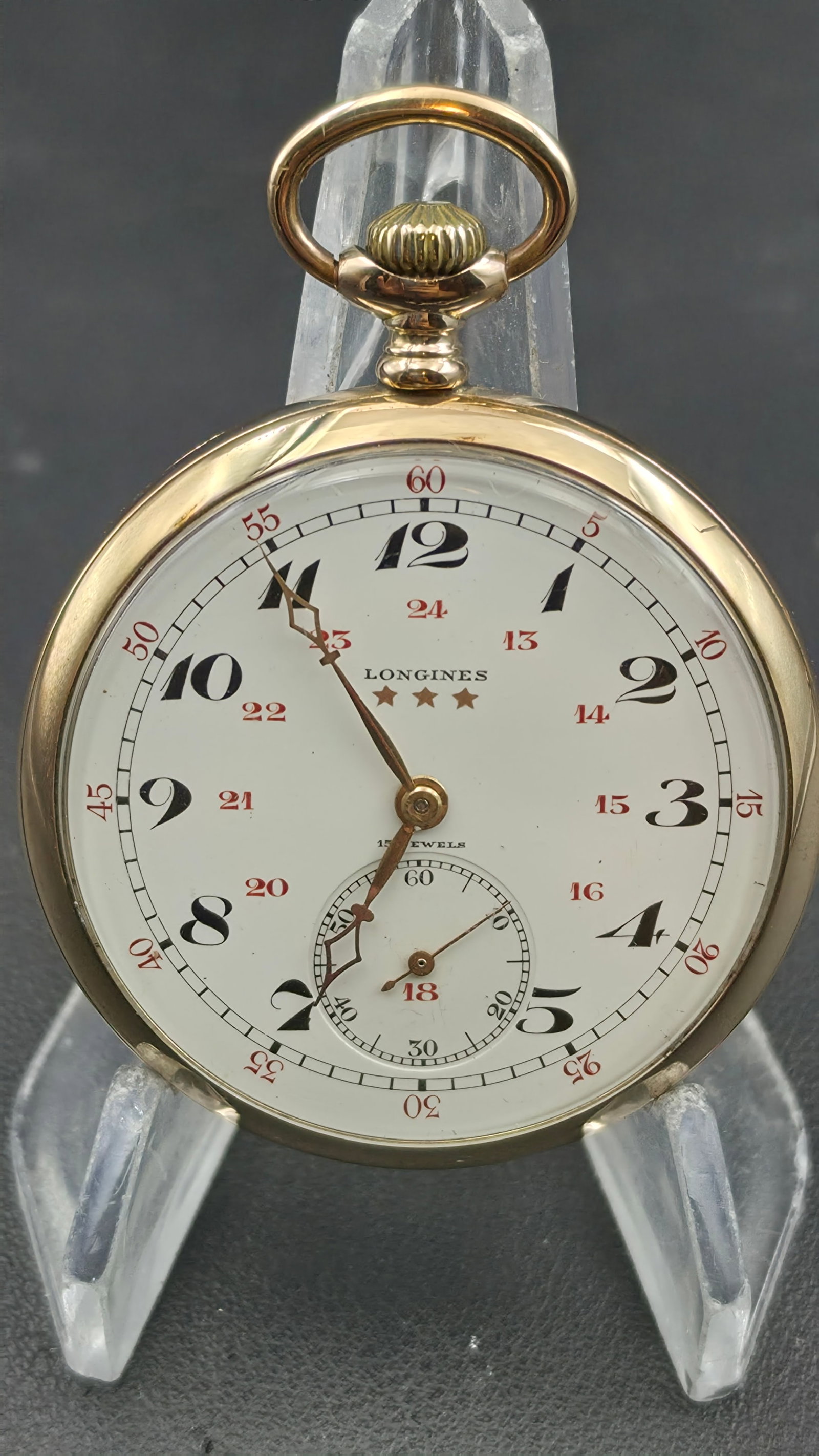 Longines "Three Stars" 15 Jewel Pocket Watch, 24-Hour Dial, Gold Plated Case, c.1928 (1 of 13)
