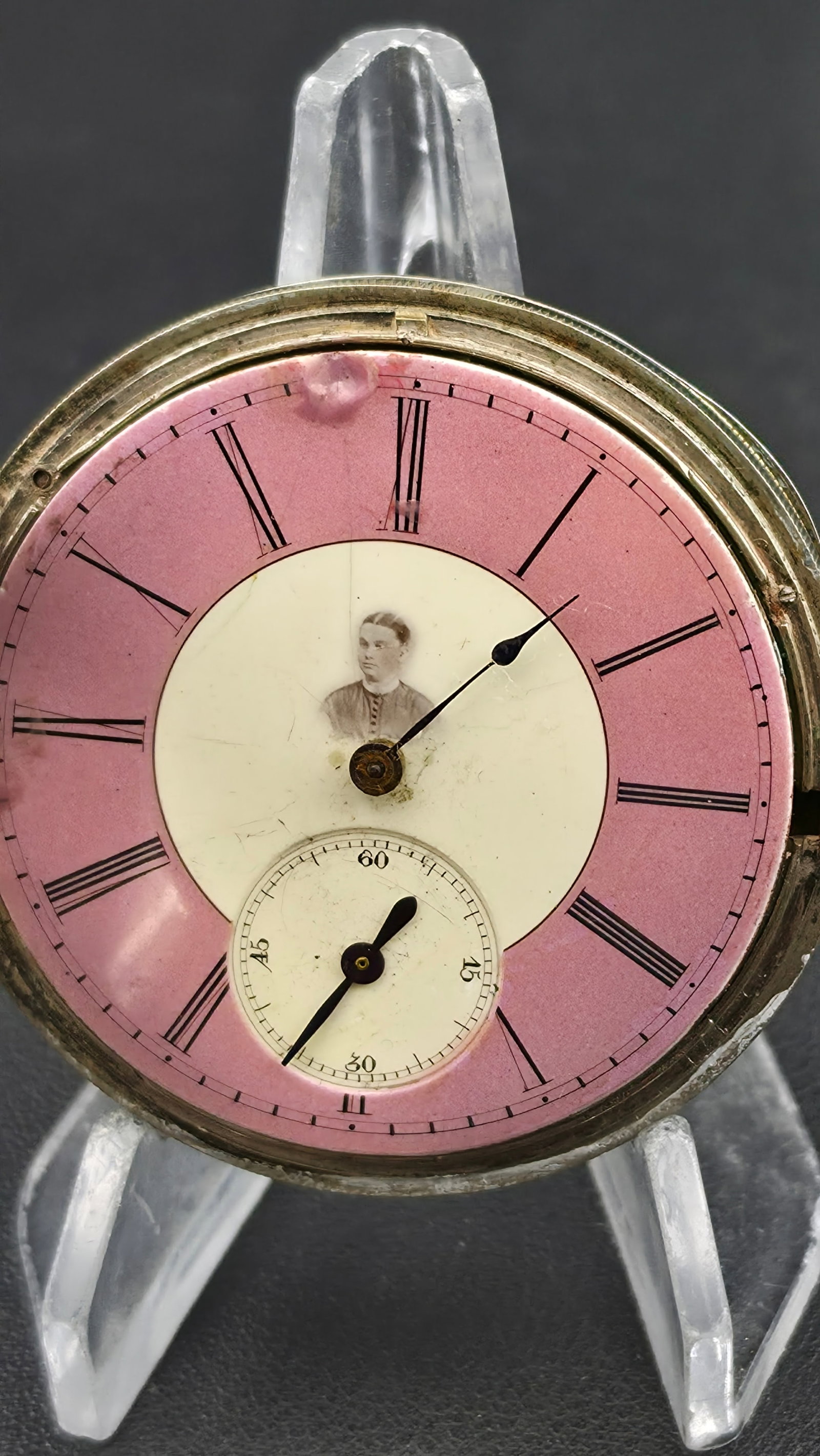 Antique W.J. Tobin Liverpool Pocket Watch Pink Portrait Dial Sterlingine Case: Antique W.J. Tobin, Liverpool pocket watch housed in a Sterlingine Warranted case measuring approximately 54mm. Features an original pink Roman numeral dial with a portrait at the center and subsidiar