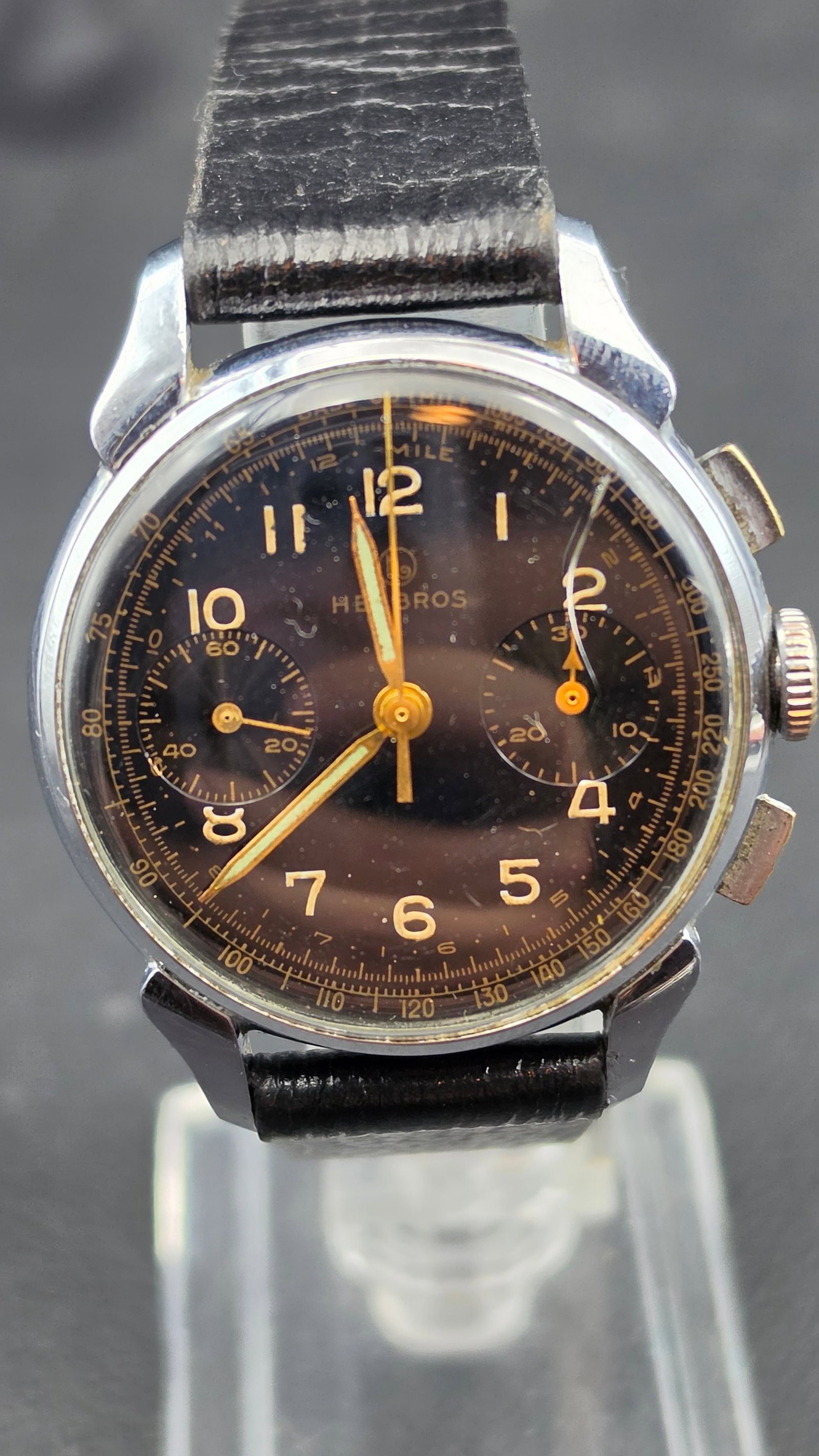 Vintage Helbros Chronograph Venus 188 Two-Register Black Gilt Dial Wristwatch (1 of 11)